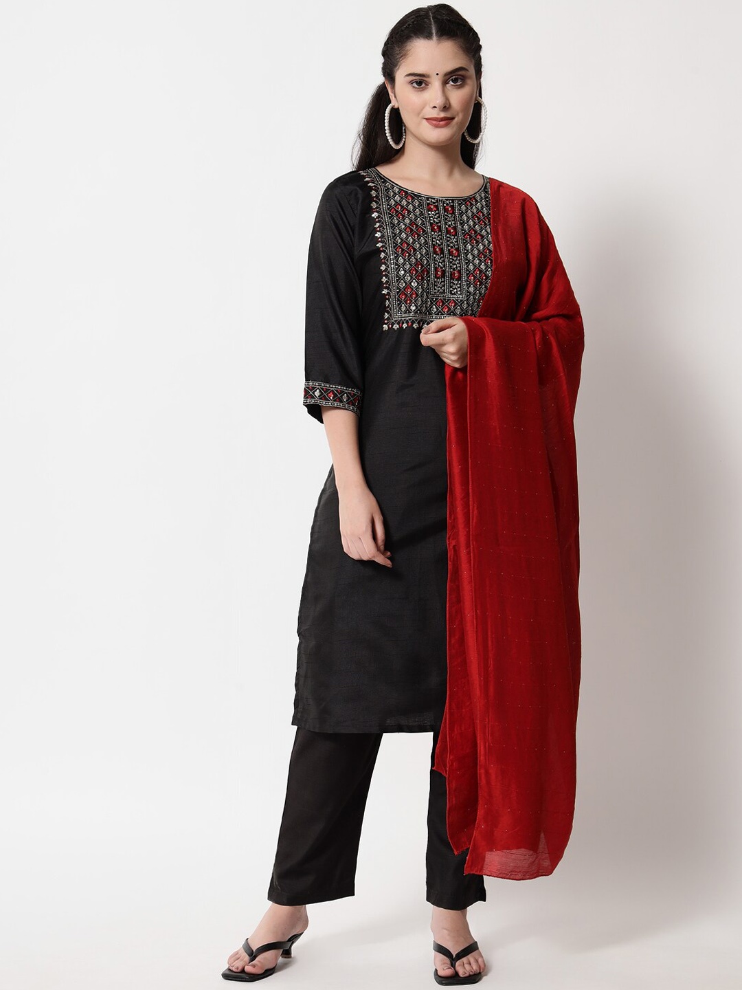 

KALINI Women Embroidered Kurta with Trousers & Chanderi Dupatta, Black