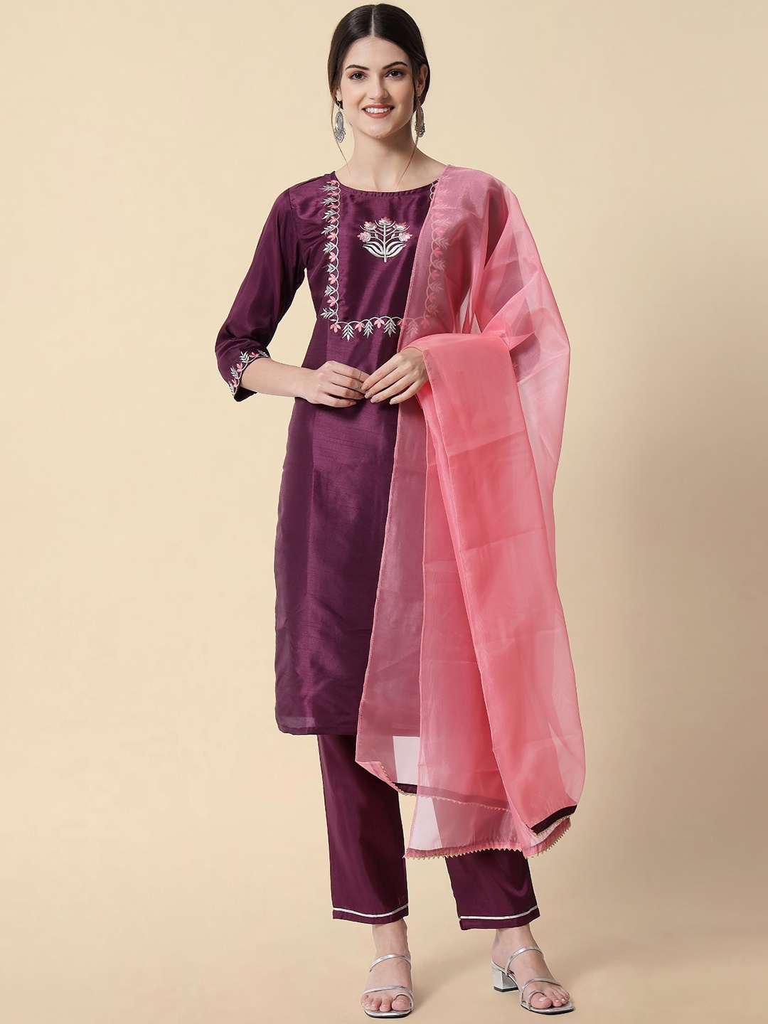 

KALINI Floral Embroidered Kurta With Trousers & Dupatta, Purple