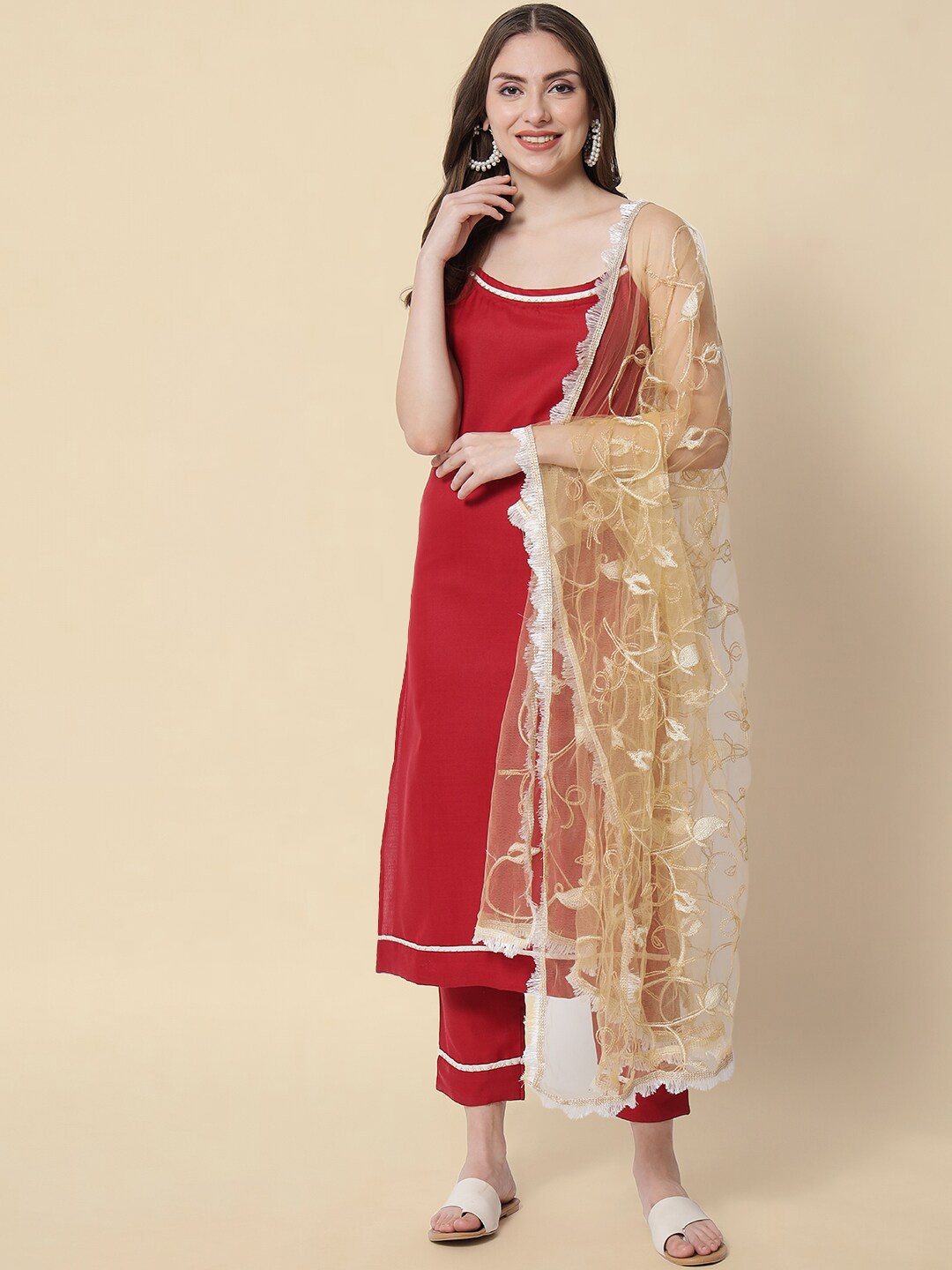 

KALINI Women Cotton Silk Kurta with Trousers & With Dupatta, Maroon