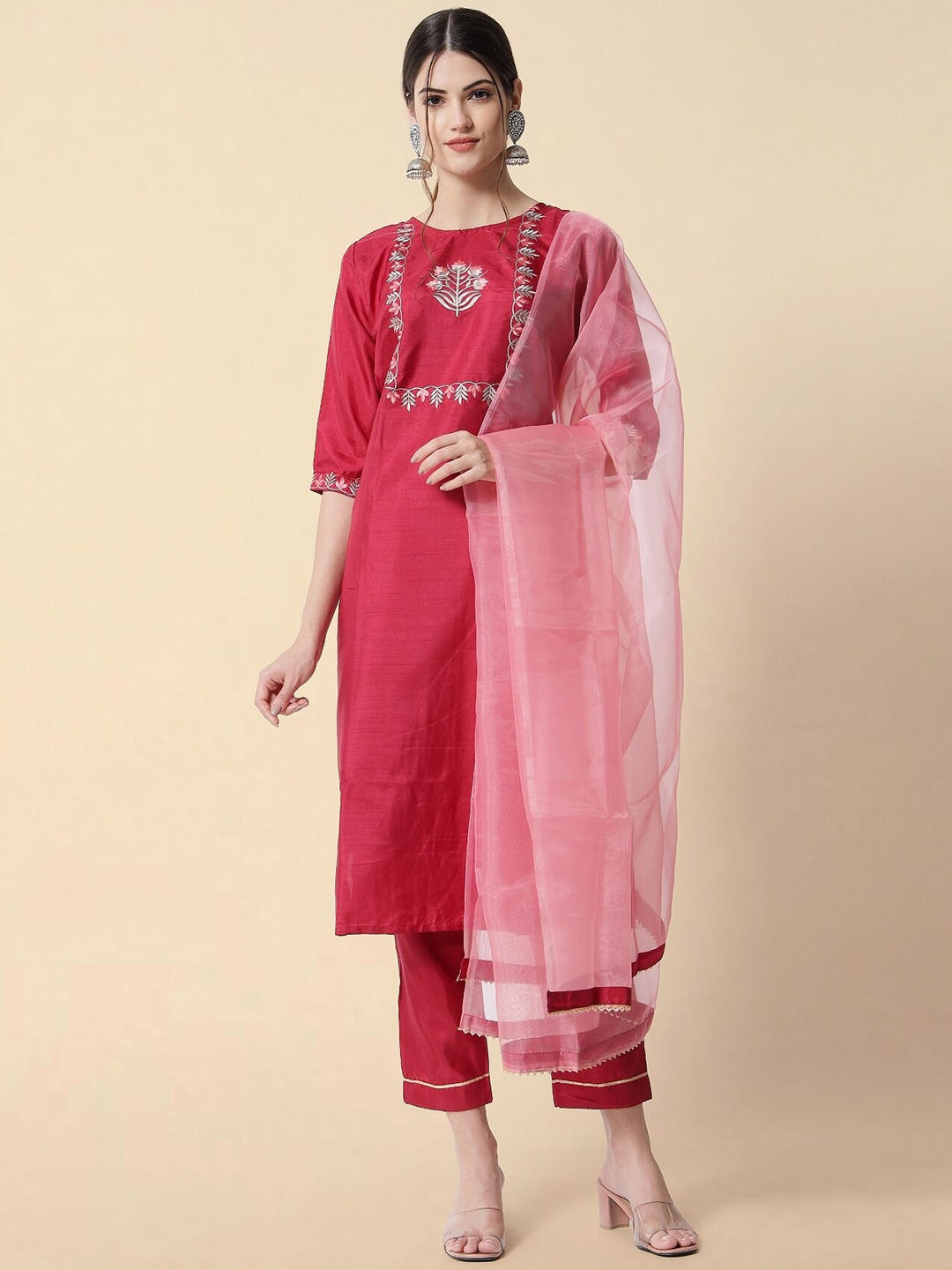 

KALINI Floral Yoke Design Regular Thread Work Kurta with Trousers & With Dupatta, Red