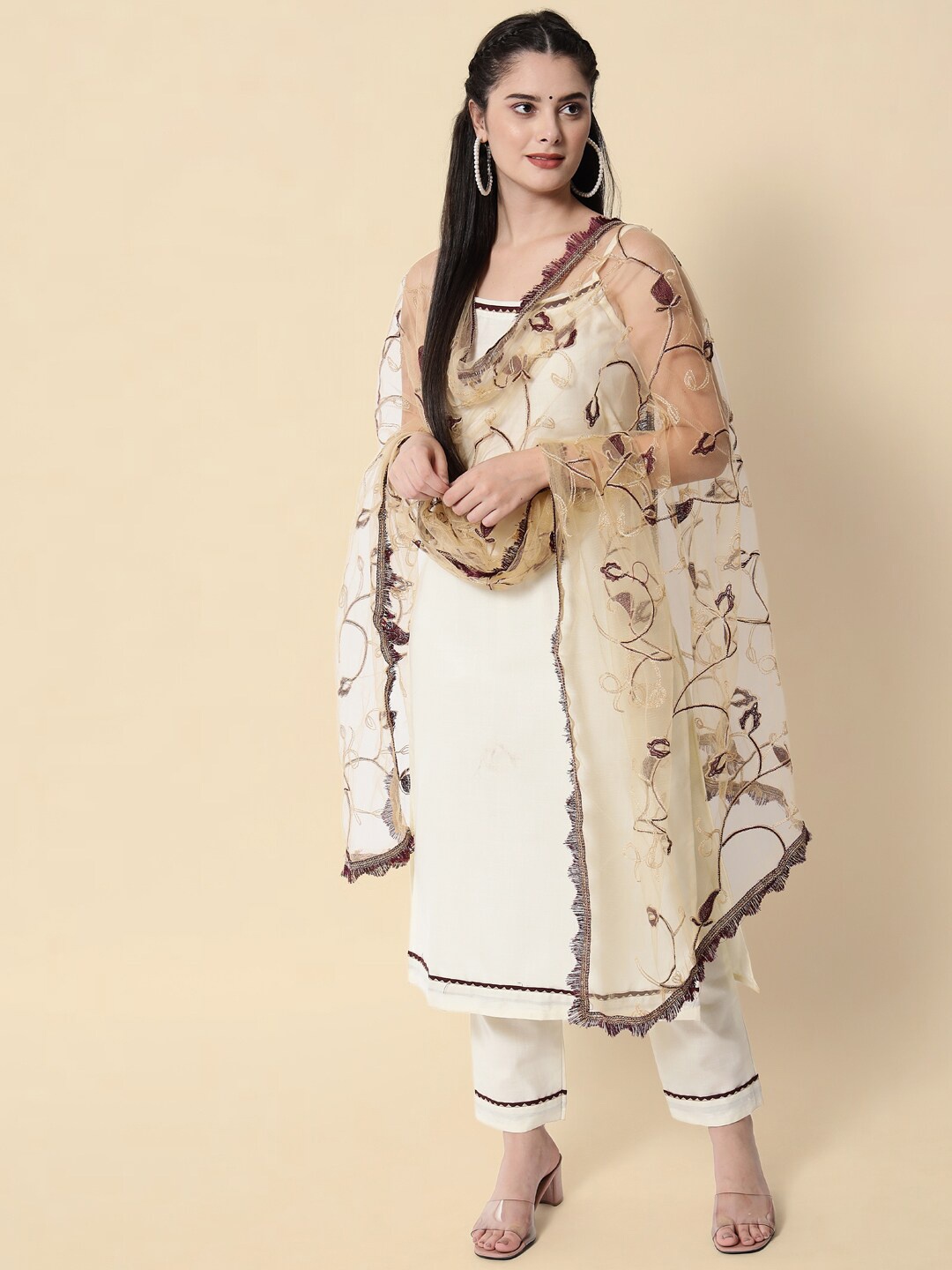 

KALINI Regular Kurta With Trousers & Dupatta, White