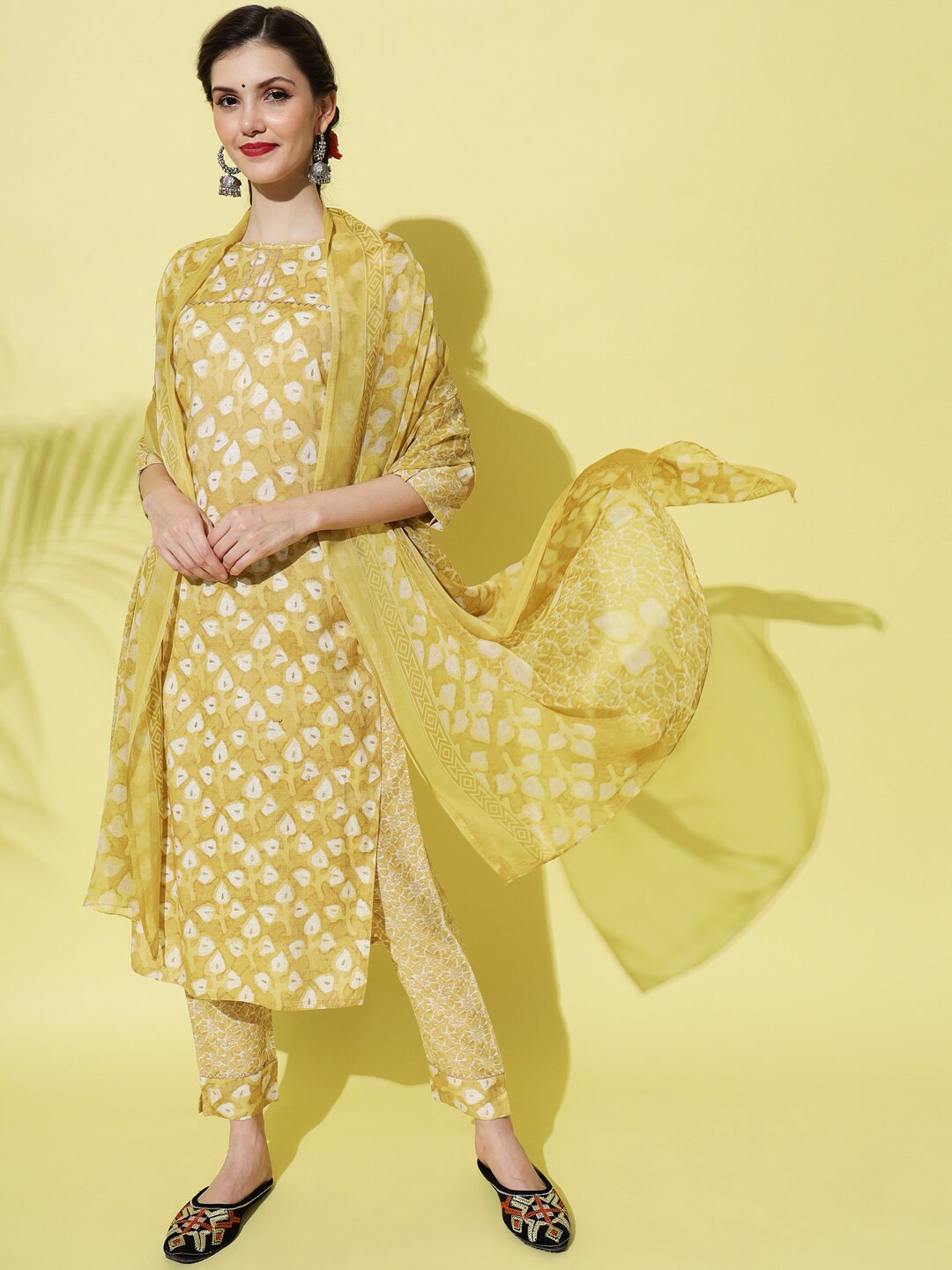 

KALINI Ethnic Motifs Printed Regular Kurta with Trousers & Dupatta, Mustard