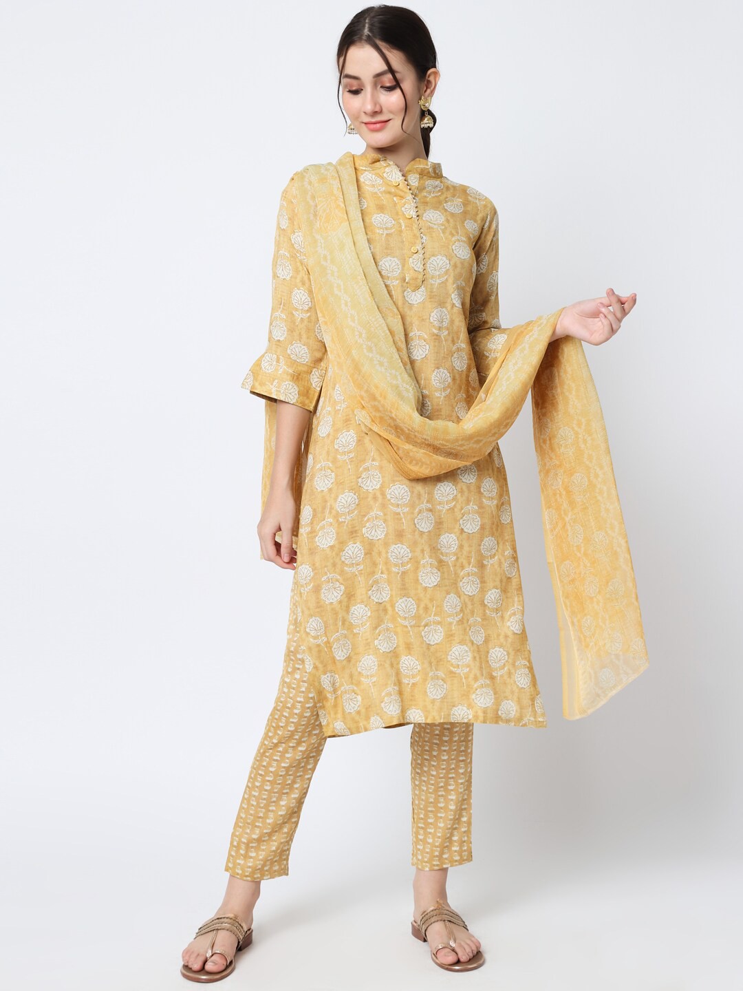

KALINI Women Ethnic Motifs Printed Regular Kurta with Trousers & With Dupatta, Mustard