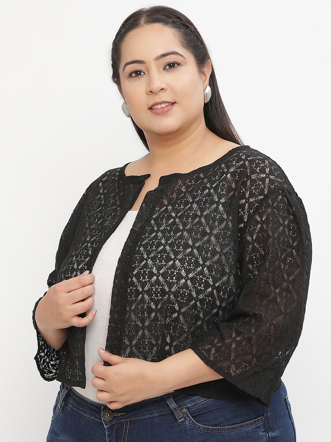 

UnaOne Women Self Design Open Front Shrug, Black