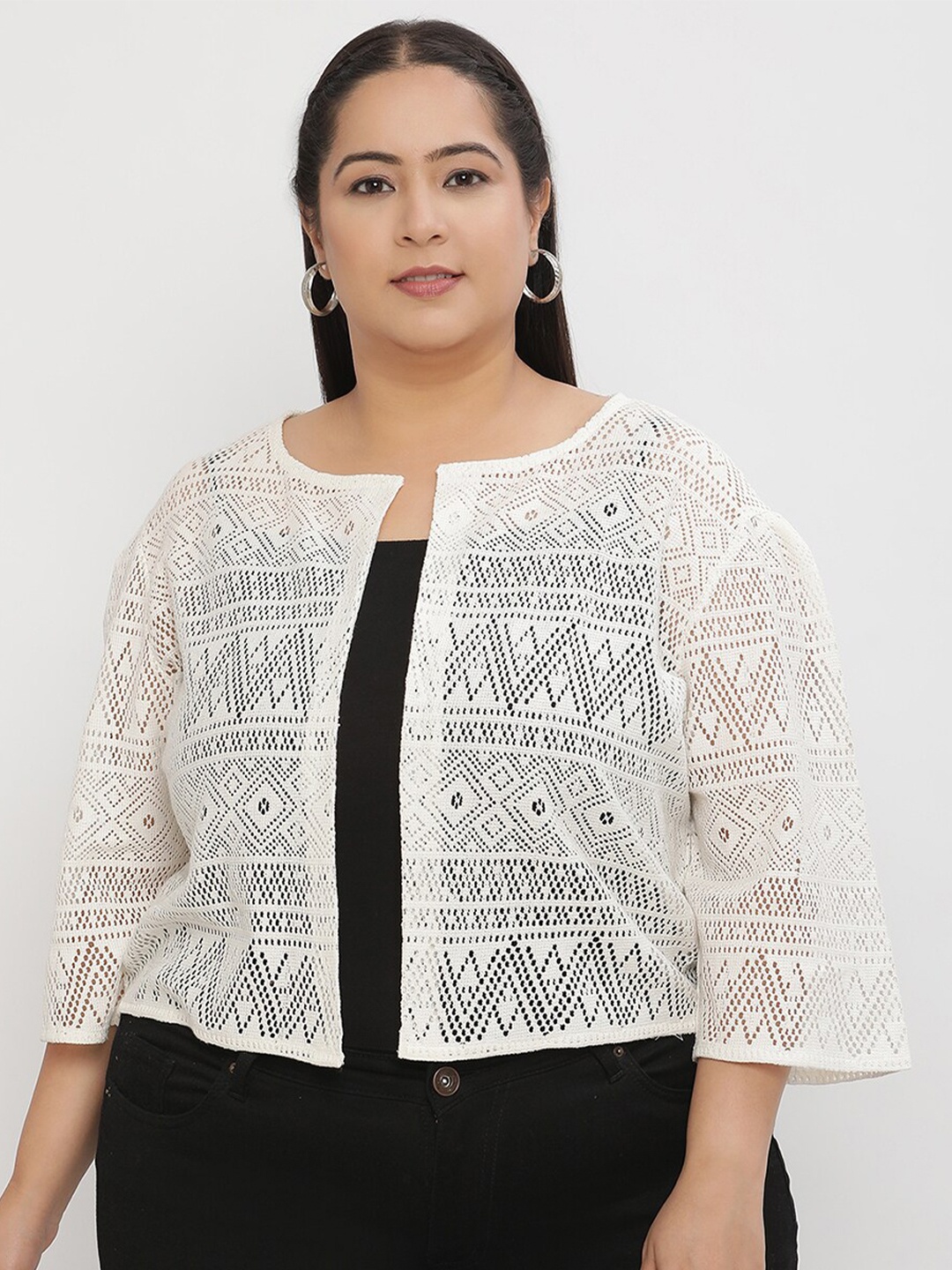 

UnaOne Women Self Design Open Front Shrug, Off white