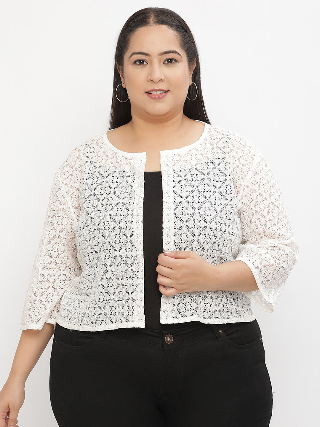 

UnaOne Women Self Design Open Front Shrug, Off white