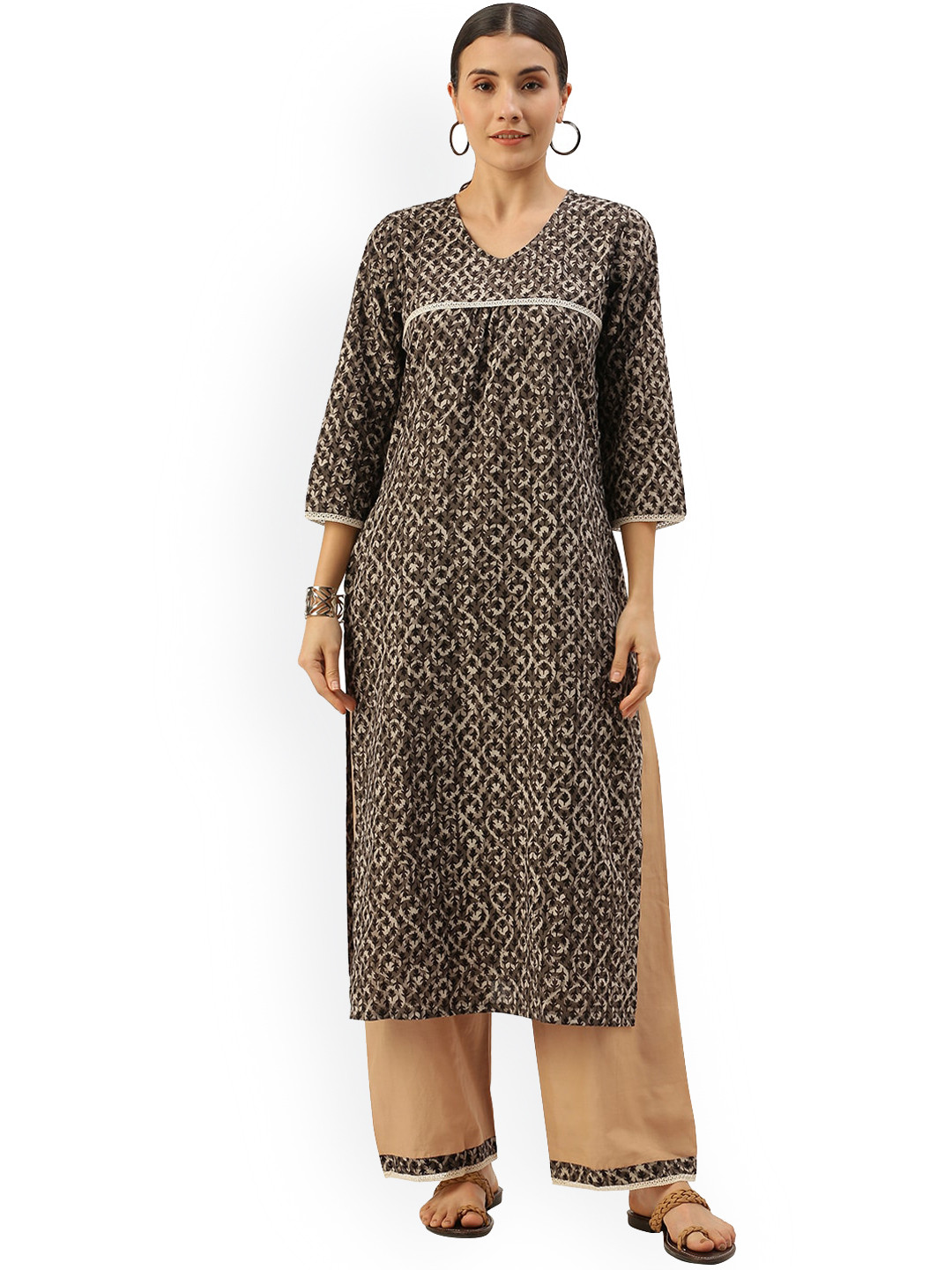 

Saanjh Brown Floral Printed Regular Straight Pure Cotton Kurta With Palazzos, Black