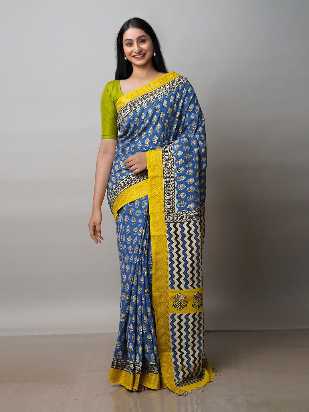 

Unnati Silks Ethnic Motifs Printed Zari Silk Cotton Mangalagiri Saree, Blue