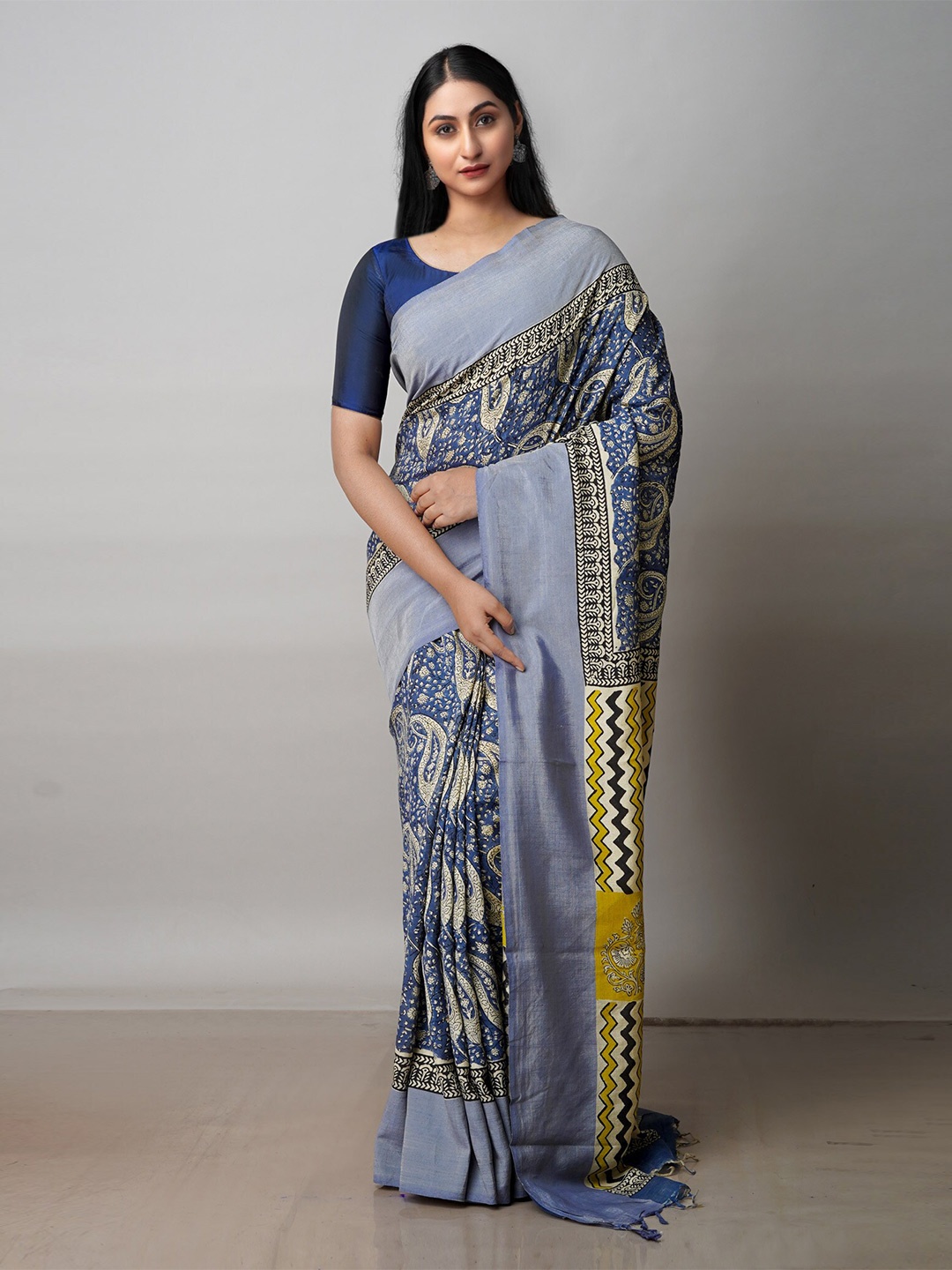 

Unnati Silks Paisley Printed Silk Cotton Chettinad Saree, Blue