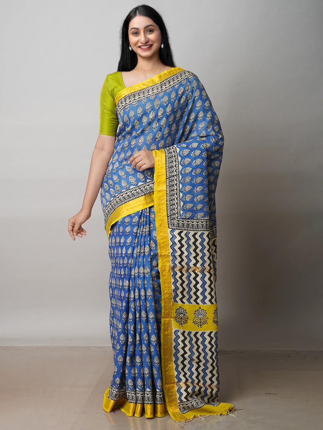 

Unnati Silks Floral Printed Zari Silk Cotton Mangalagiri Saree, Blue