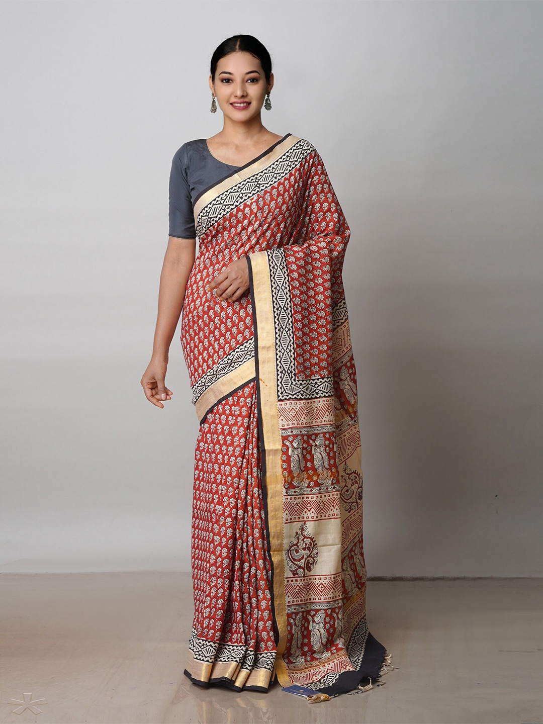 

Unnati Silks Floral Printed Zari Silk Cotton Mangalagiri Saree, Red