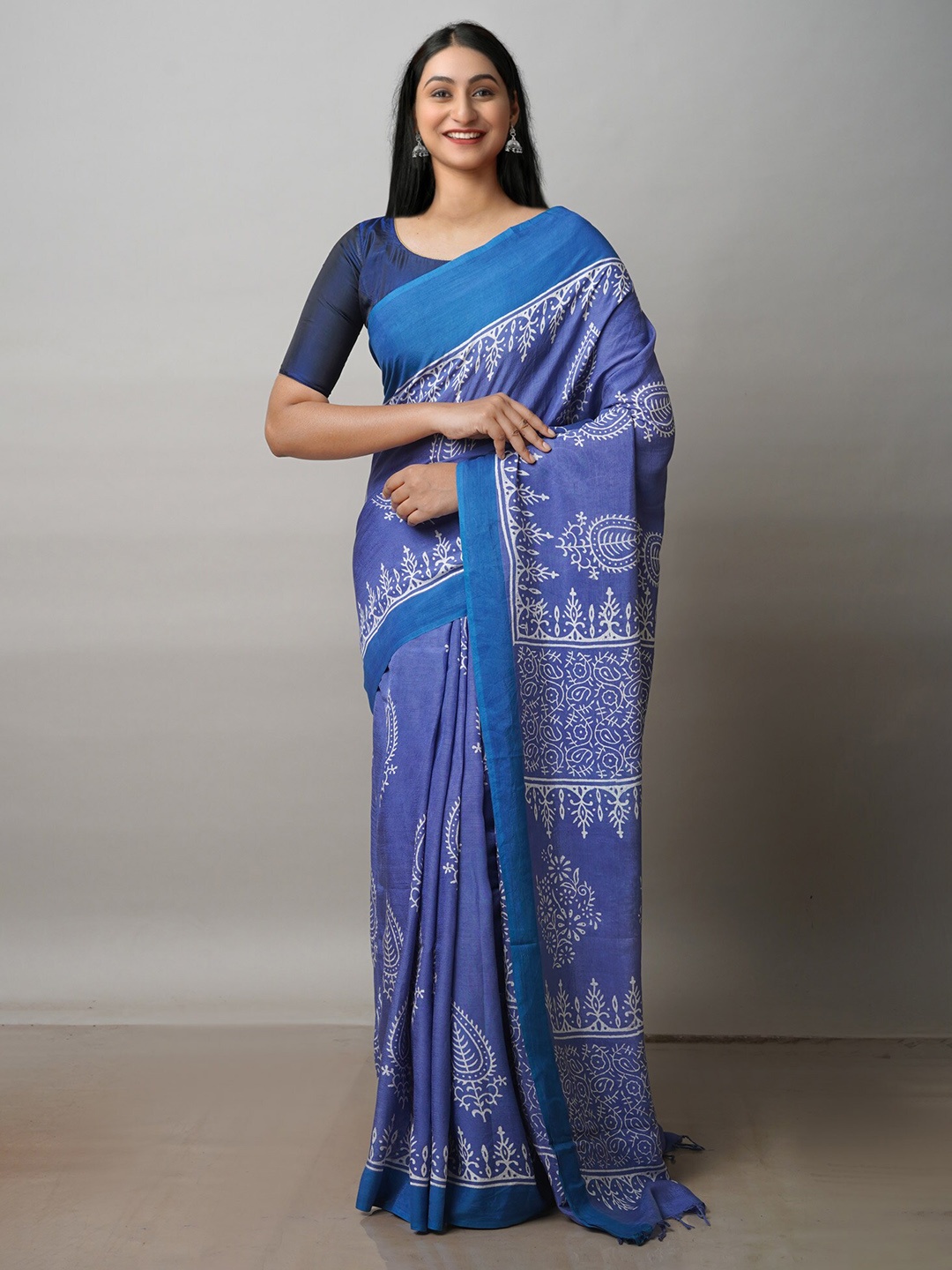 

Unnati Silks Silk Cotton Block Print Saree, Blue