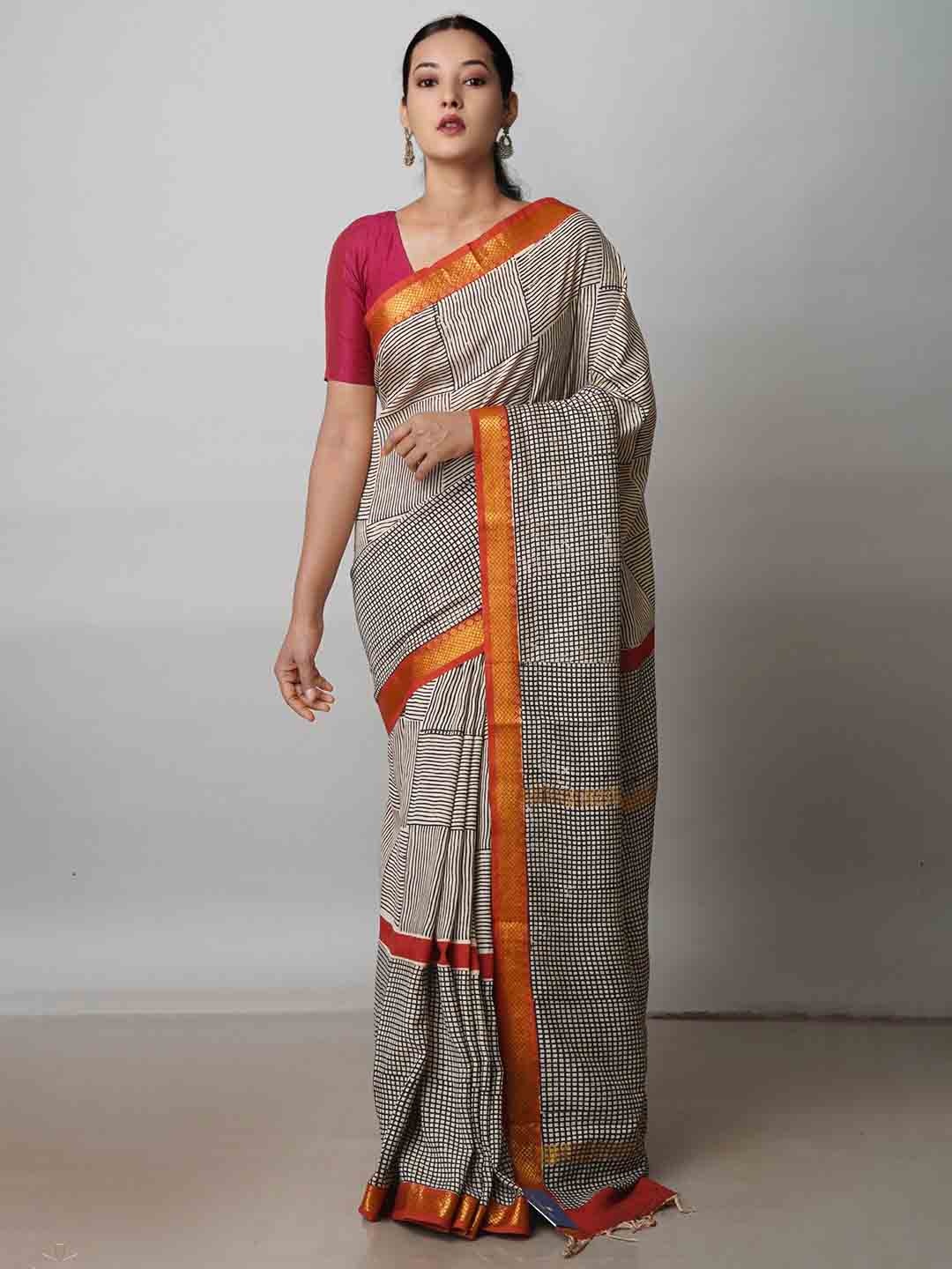 

Unnati Silks Checked Zari Silk Cotton Mangalagiri Saree, Cream