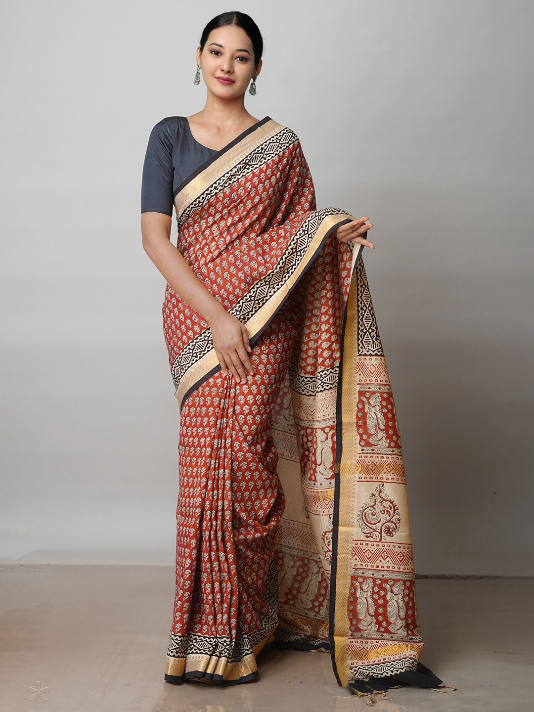 

Unnati Silks Floral Printed Zari Silk Cotton Mangalagiri Saree, Red