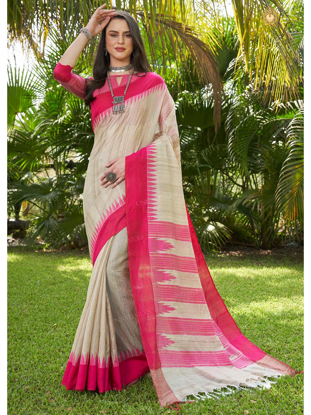 

Unnati Silks Geometric Printed Jute Silk Tussar Saree, Cream