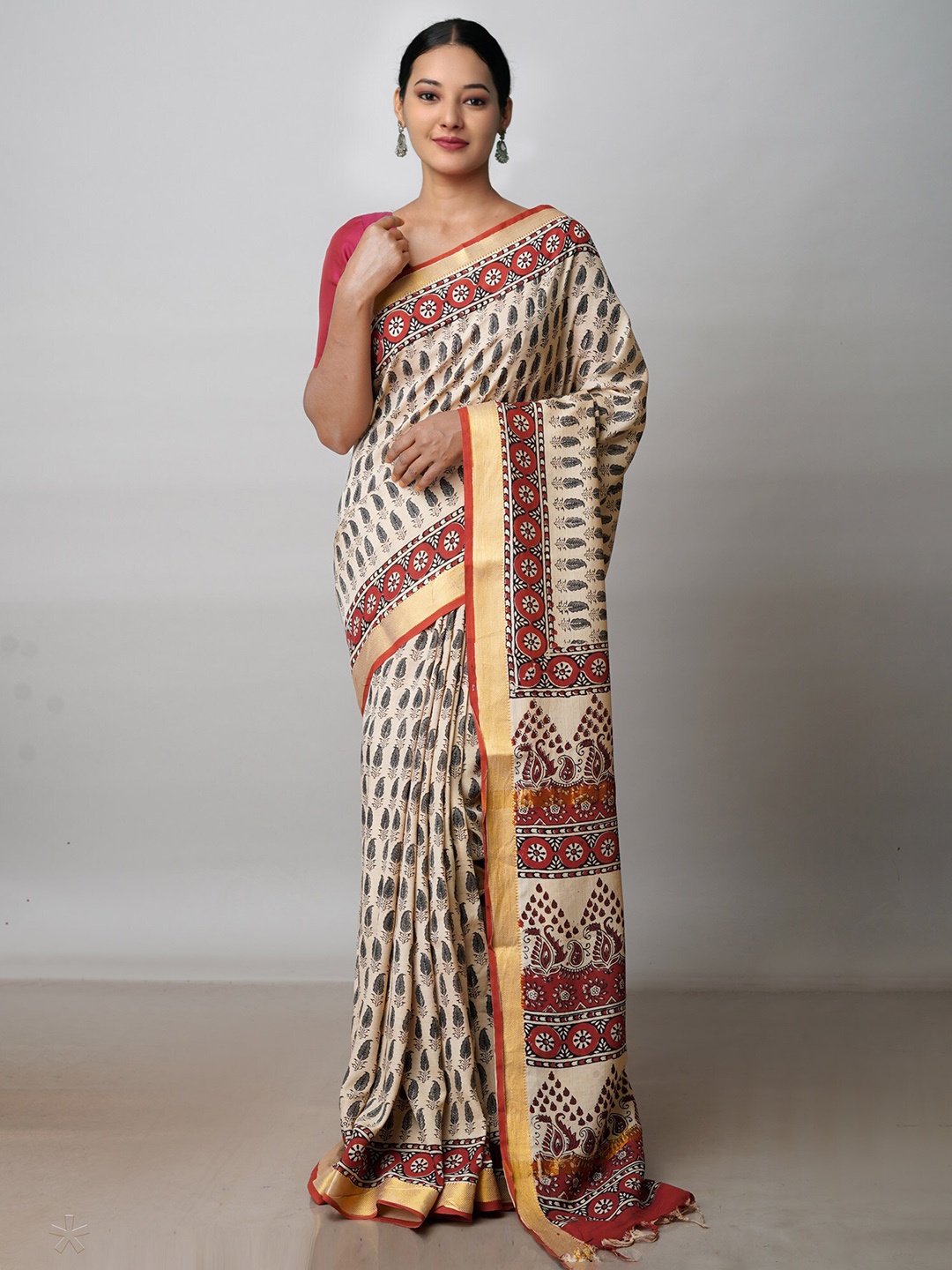 

Unnati Silks Paisley Printed Zari Silk Cotton Mangalagiri Saree, Cream