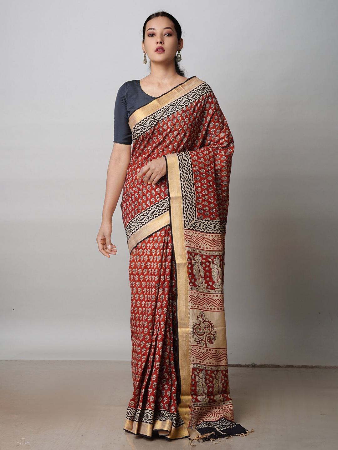 

Unnati Silks Floral Printed Zari border Mangalagiri Saree, Red