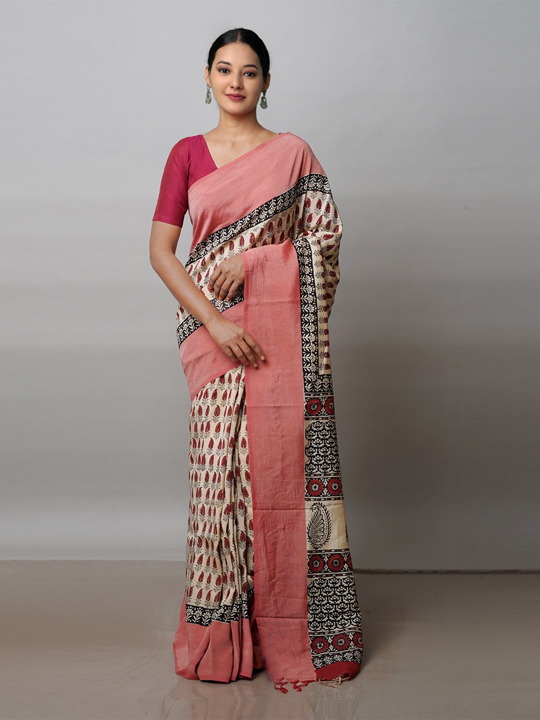

Unnati Silks Ethnic Motifs Printed Chettinad Saree, Cream