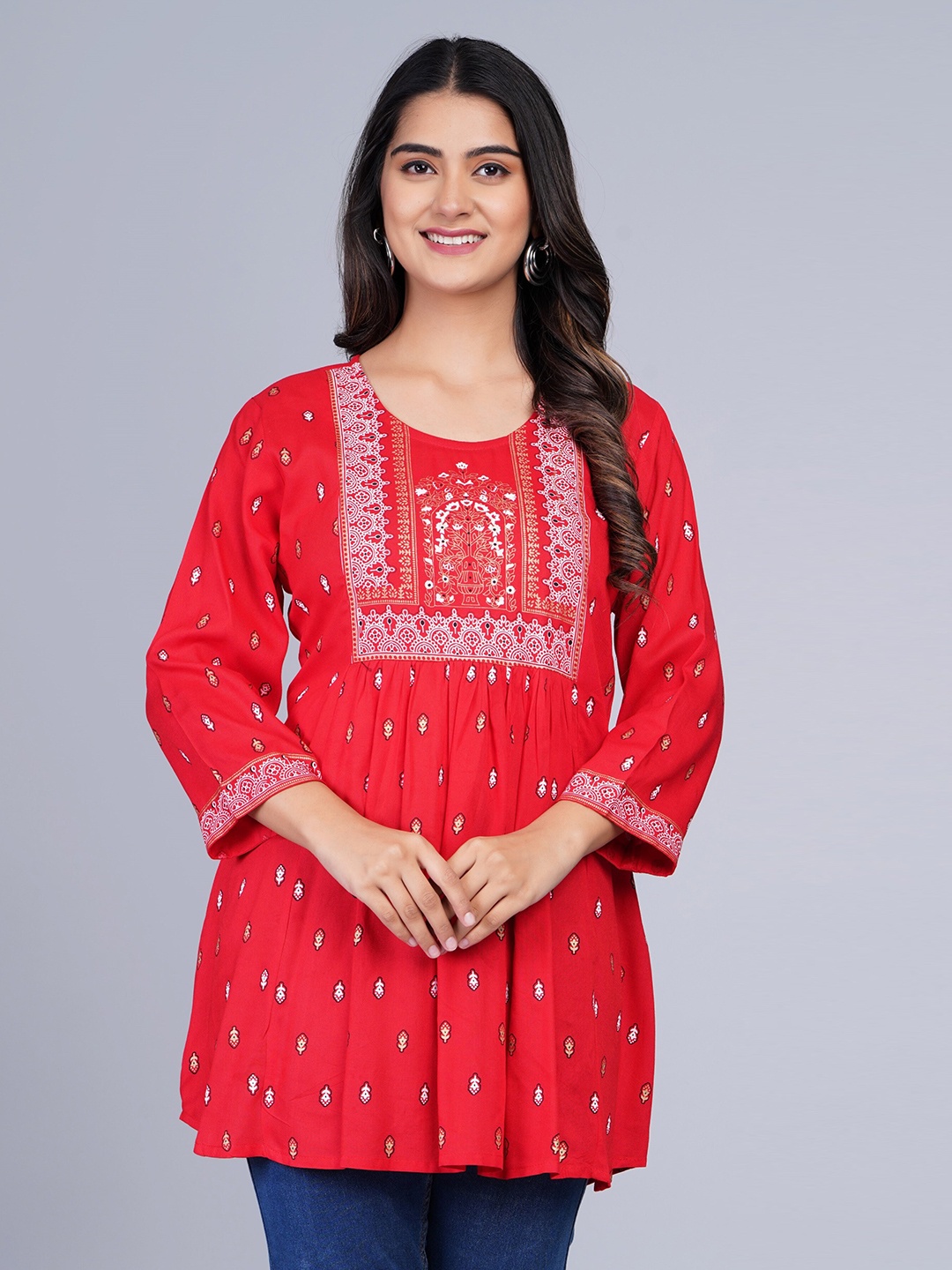 

SkyaSia Ethnic Printed Tunic With Gathers In The Front, Red