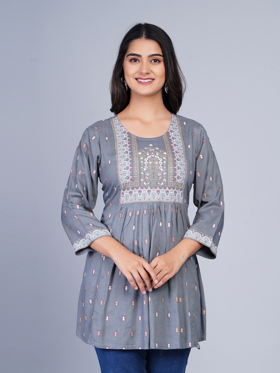 

SkyaSia Ethnic Printed Tunic With Gathers In The Front, Grey