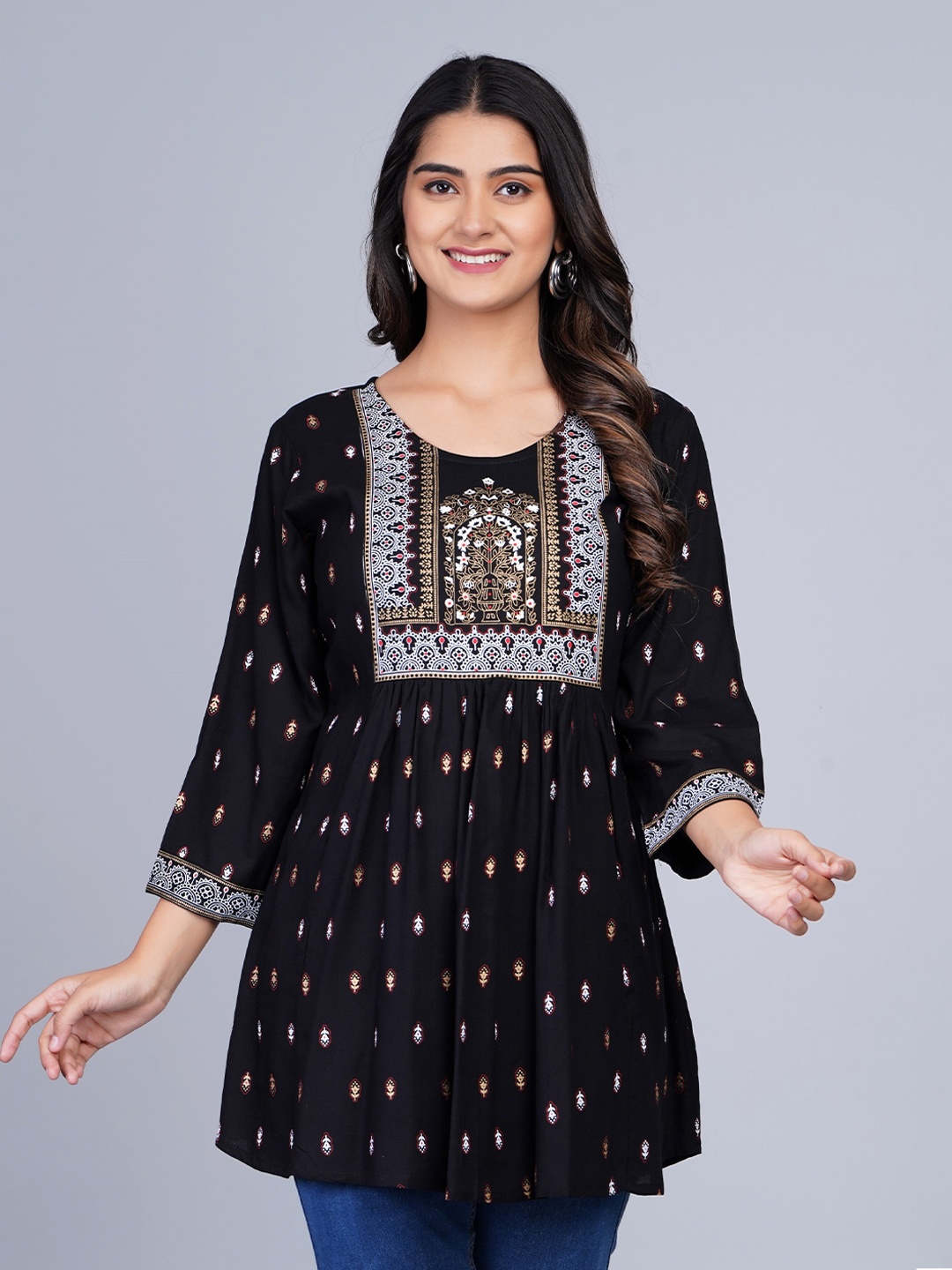 

SkyaSia Ethnic Printed Tunic With Gathers In The Front, Black