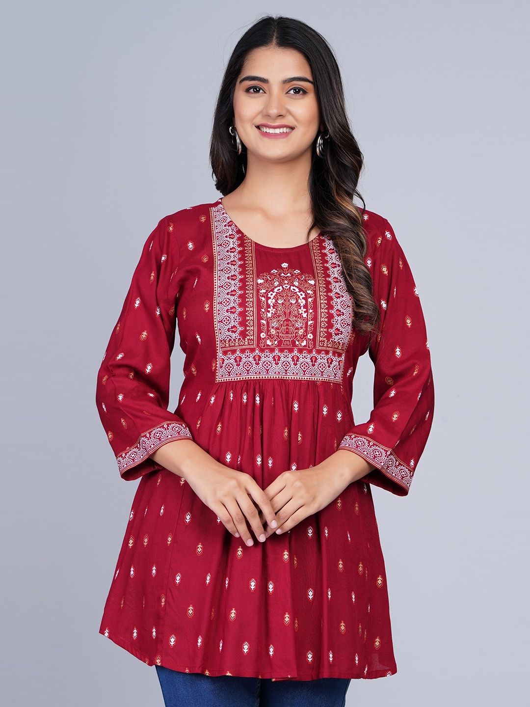 

SkyaSia Ethnic Printed Tunic With Gathers In The Front, Maroon