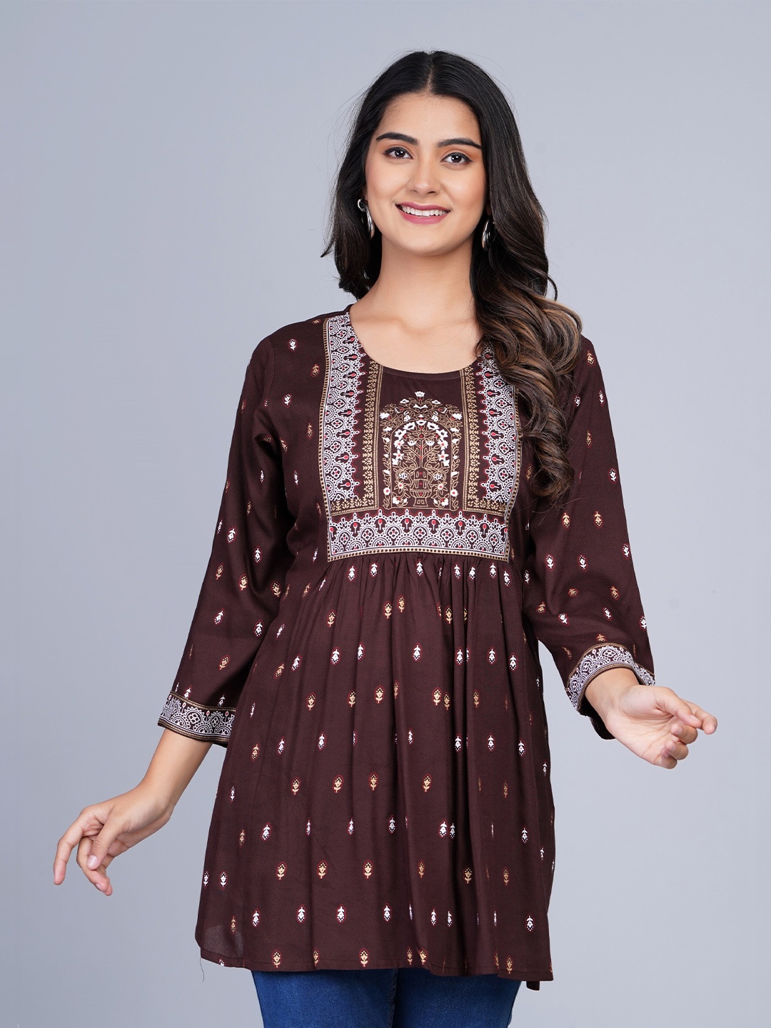 

SkyaSia Ethnic Printed Tunic With Gathers In The Front, Coffee brown