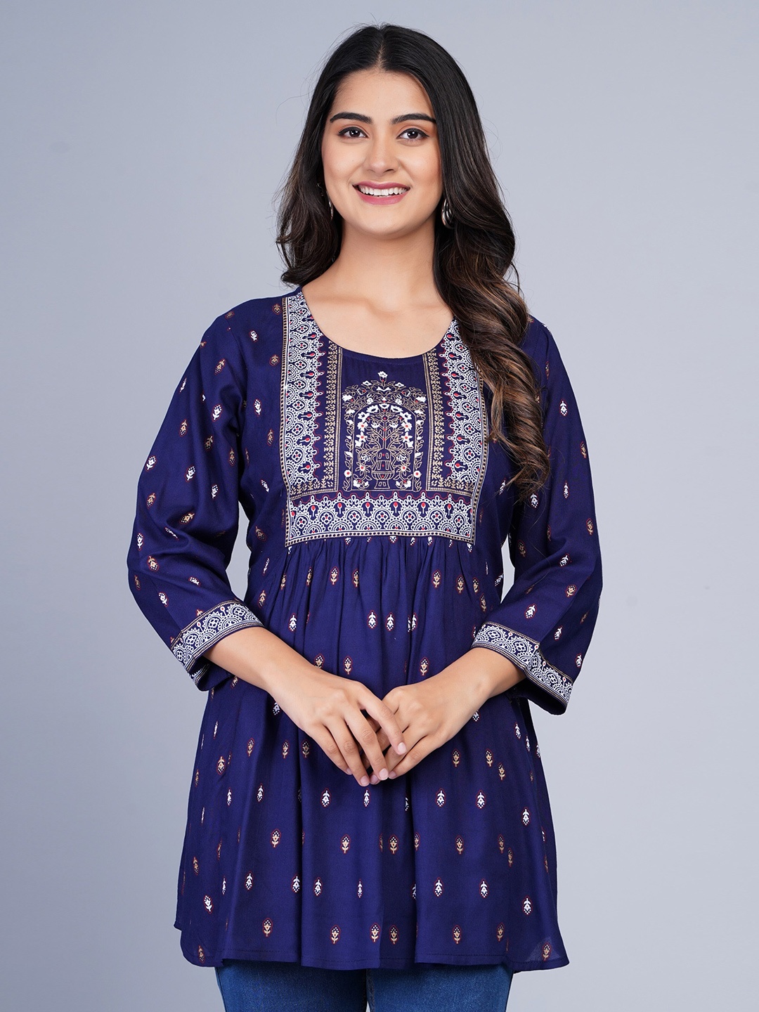 

SkyaSia Ethnic Printed Tunic With Gathers In The Front, Blue
