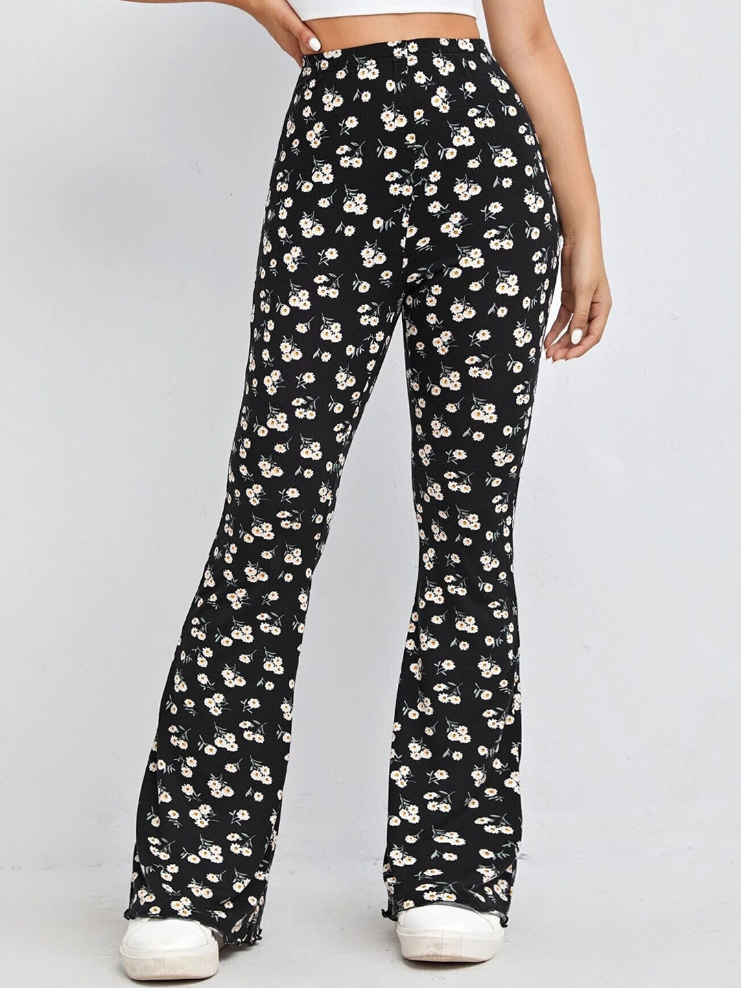 

RAJOVATI Women Floral Printed Comfort High-Rise Bootcut Trousers, Black