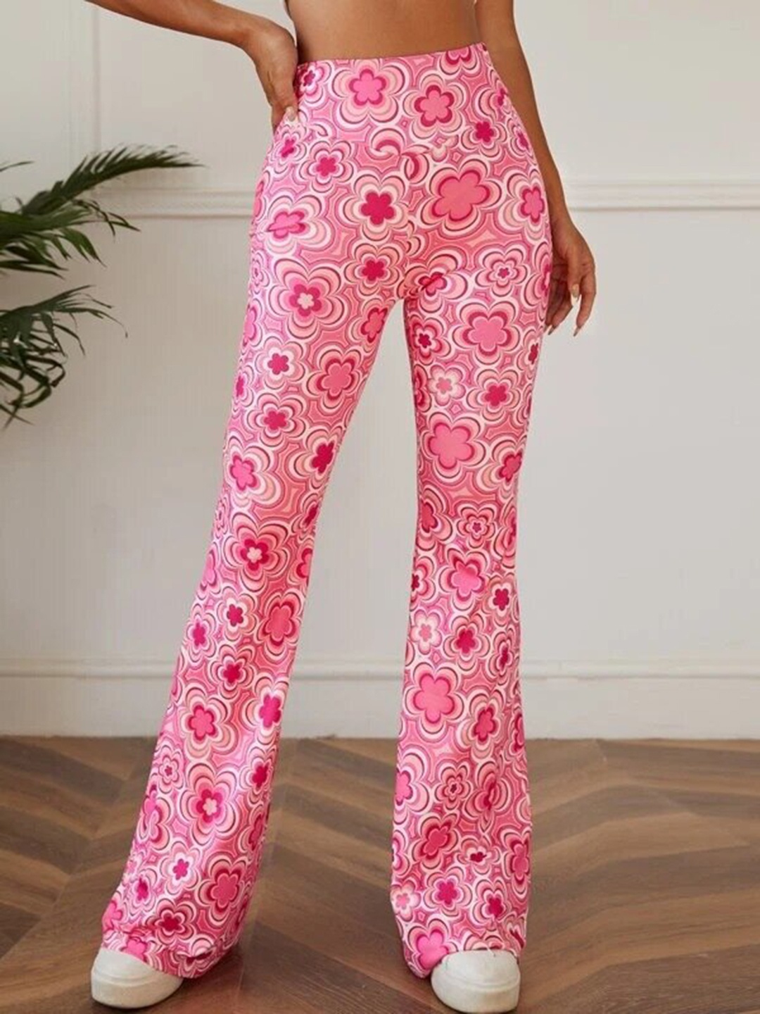 

RAJOVATI Women Floral Printed Comfort High-Rise Bootcut Trousers, Pink