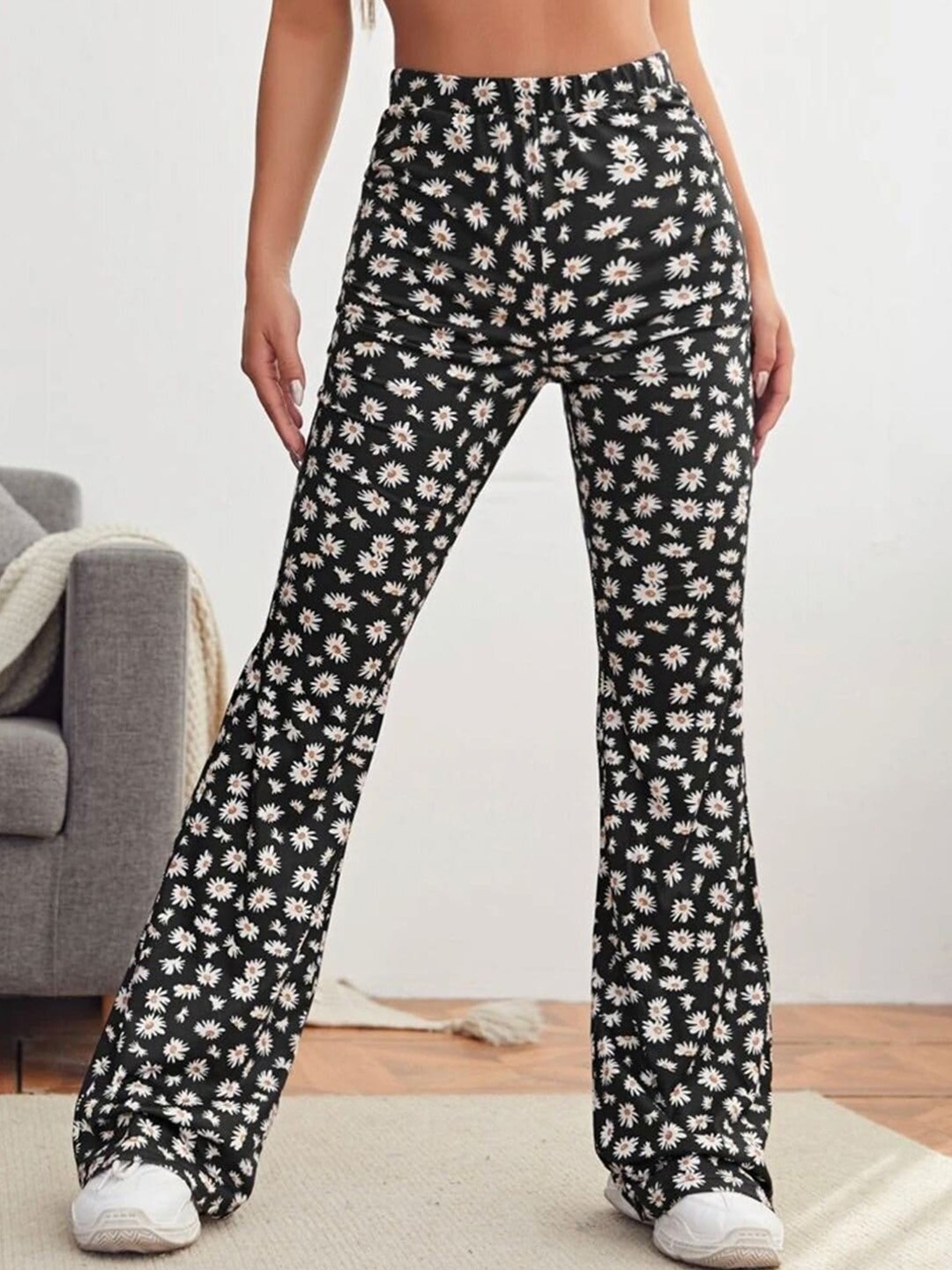 

RAJOVATI Women Printed Comfort High-Rise Bootcut Trousers, Black
