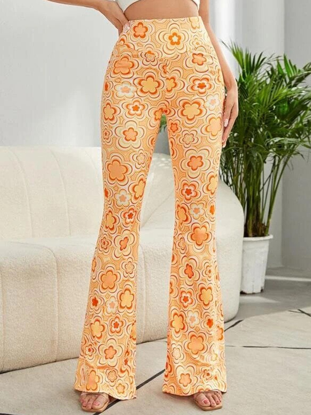 

RAJOVATI Women Printed Comfort High-Rise Bootcut Trousers, Yellow