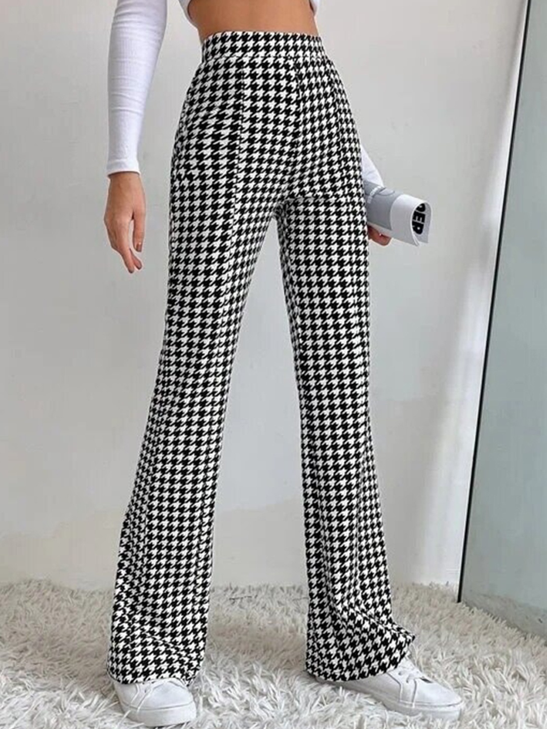 

RAJOVATI Women Comfort Abstract Printed High-Rise Cotton Bootcut Trousers, White