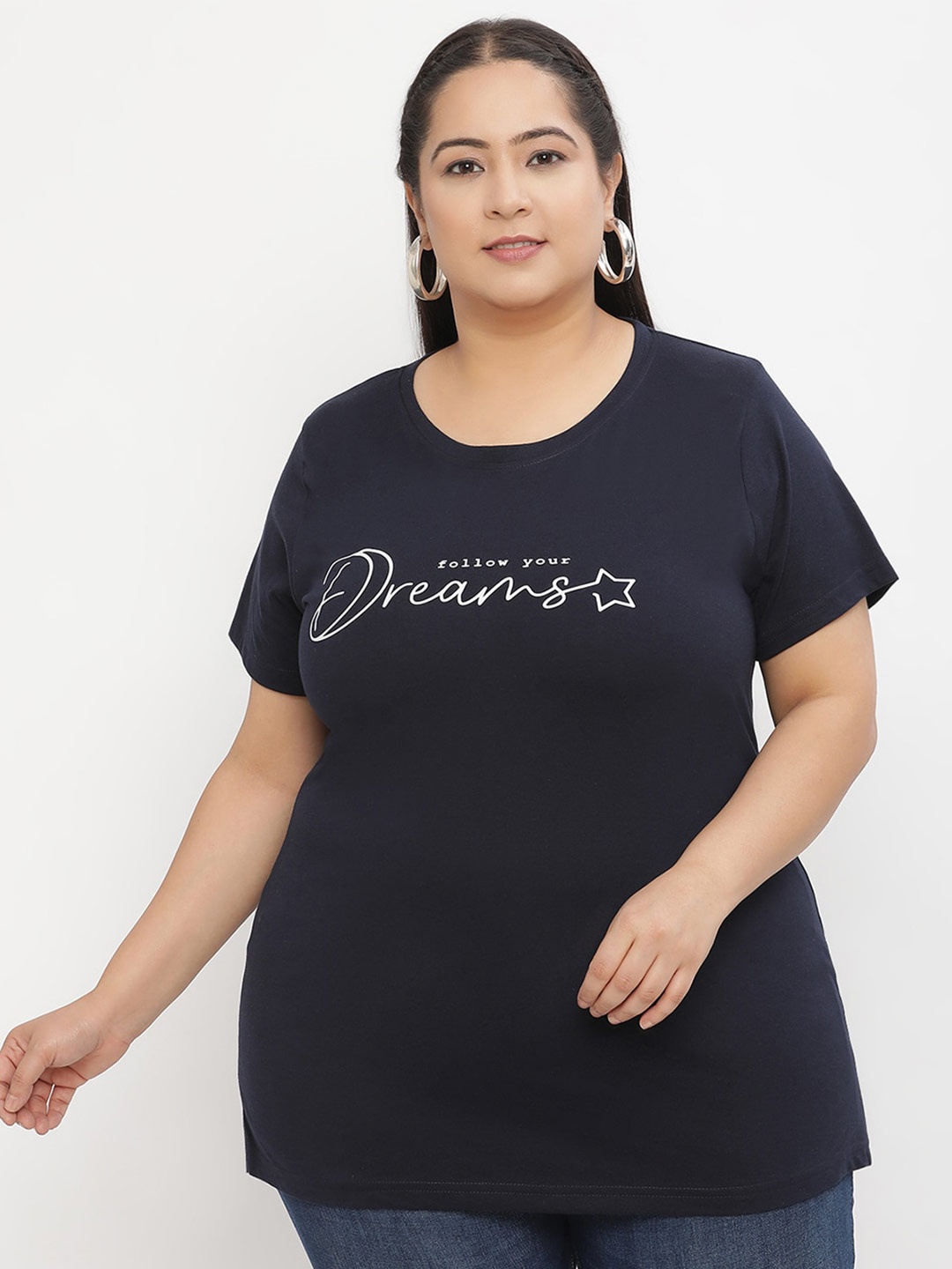 

UnaOne Plus Size Typography Printed Slim Fit Pure Cotton T-shirt, Black