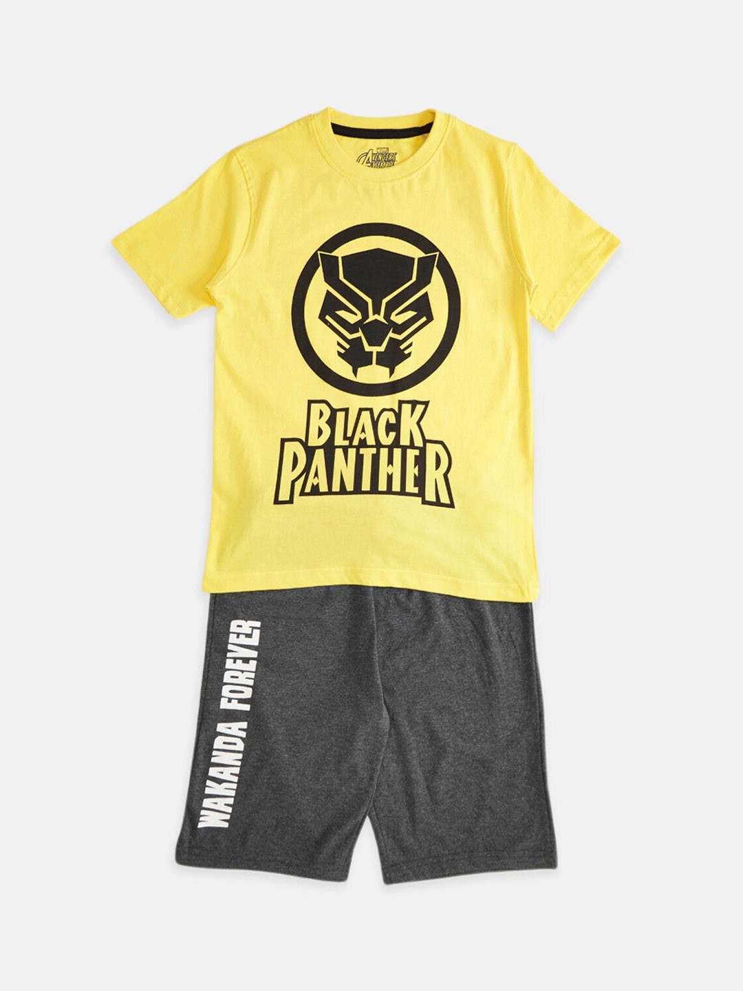 

Pantaloons Junior Boys Black Panther Printed Cotton T-shirt with Shorts, Mustard