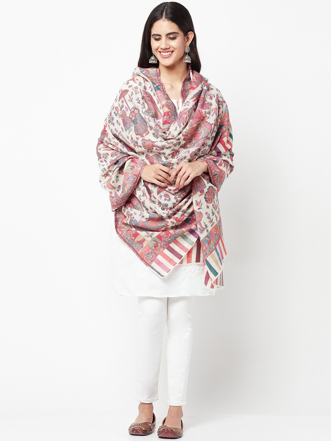 

La Vastraa Kani Woven Design Pure Wool Shawl, White