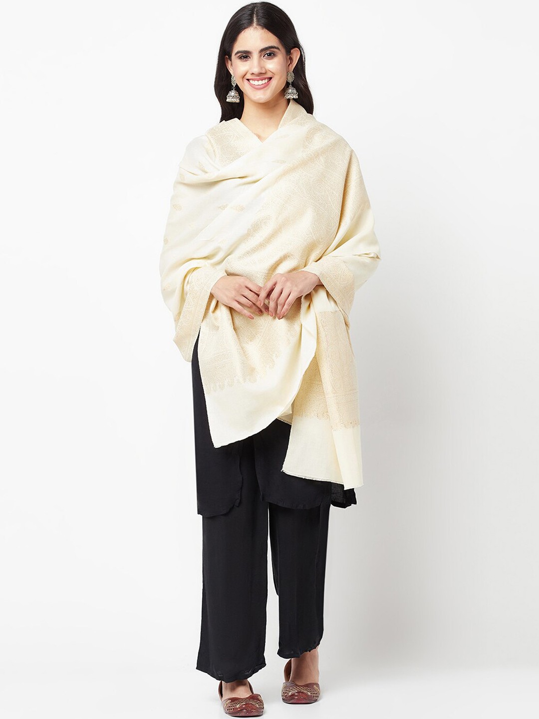 

La Vastraa Woven Design Pure Wool Shawl, White