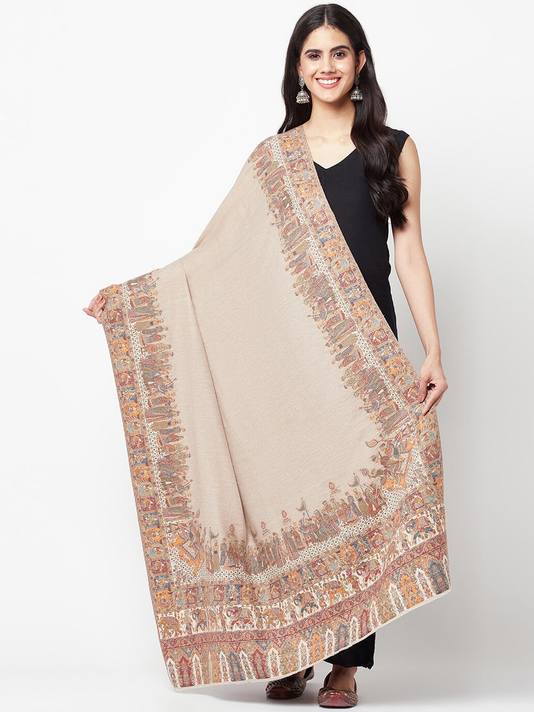 

La Vastraa Women Woven-Design Pure Wool Shawl, Beige