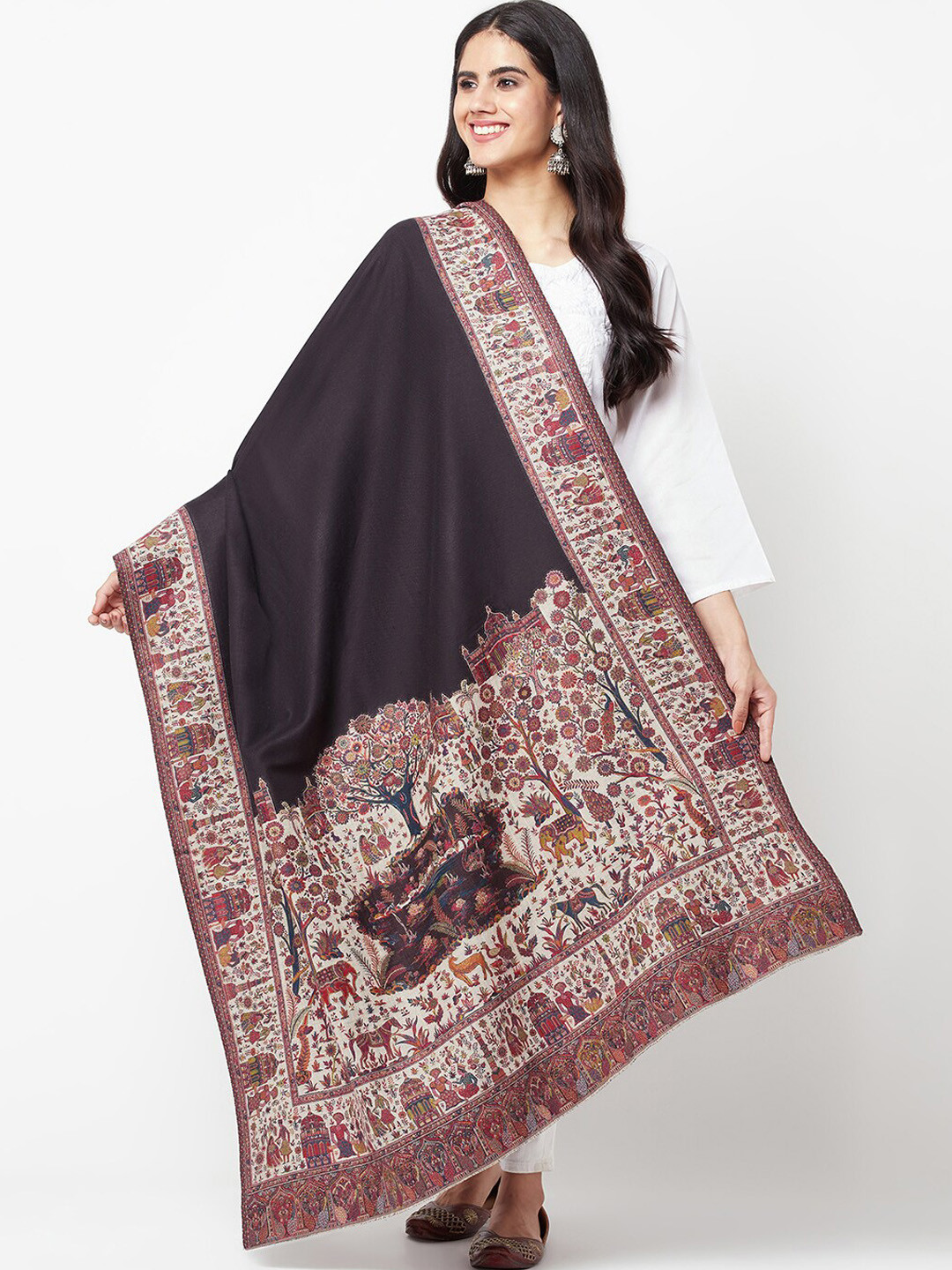 

La Vastraa Ethnic Motifs Woven Design Pure Wool Shawl, Brown