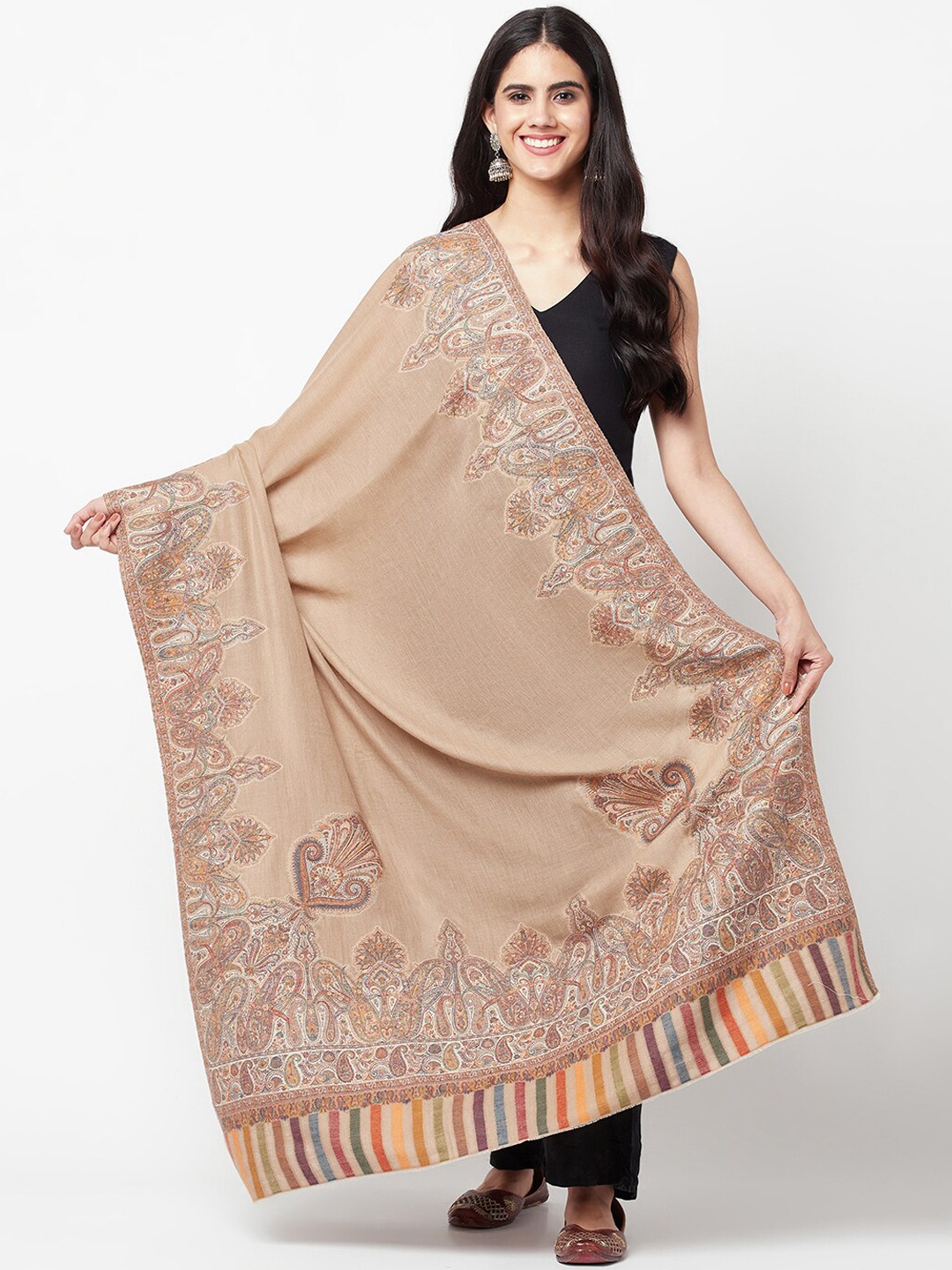 

La Vastraa Woven Design Pure Wool Shawl, Beige