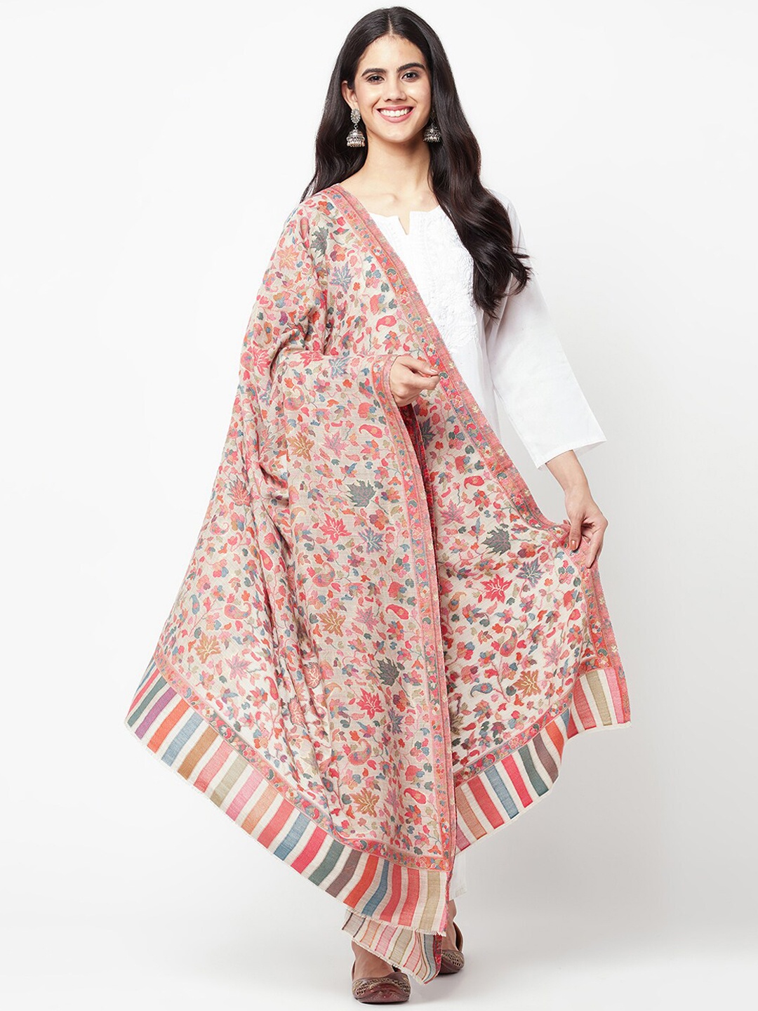 

La Vastraa Ethnic Motifs Woven Design Pure Wool Shawl, Beige