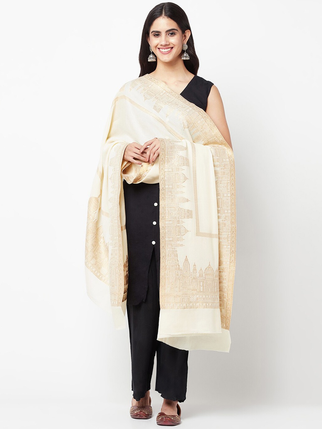 

La Vastraa Woven Design Pure Wool Shawl, White