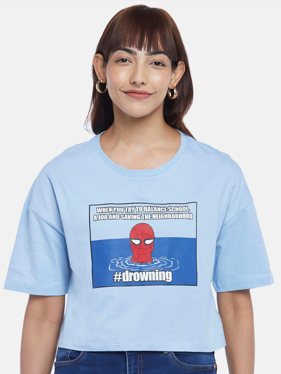 

Honey by Pantaloons Spider Man Printed Drop Shoulder Sleeves Cotton Boxy Crop T-shirt, Blue