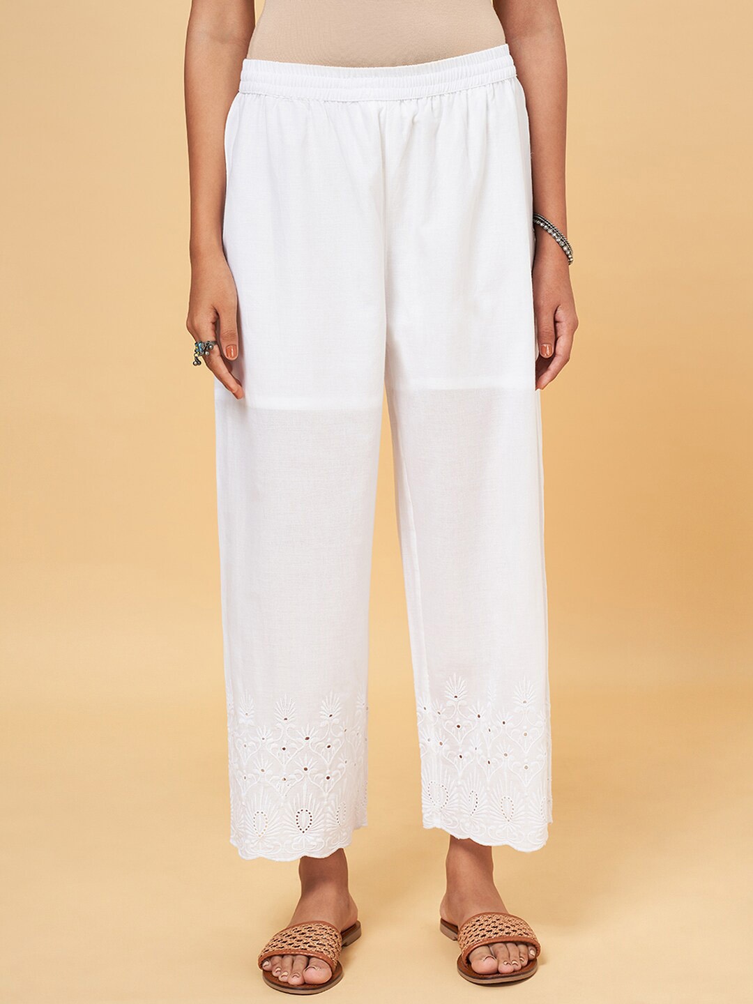 

RANGMANCH BY PANTALOONS Women Ethnic Motifs Embroidered Cotton Trousers, White