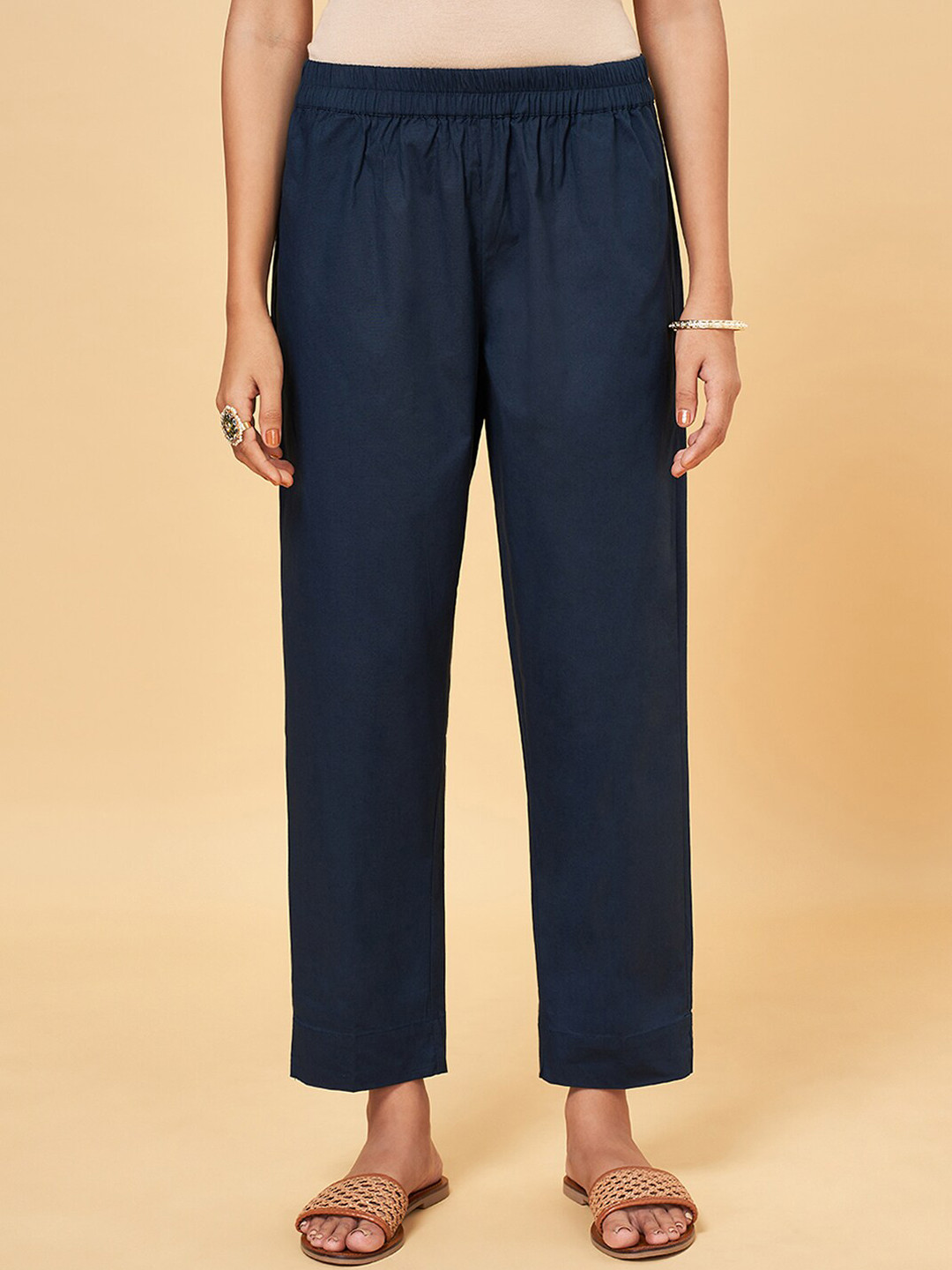 

RANGMANCH BY PANTALOONS Women Pleated Cotton Parallel Trousers, Blue
