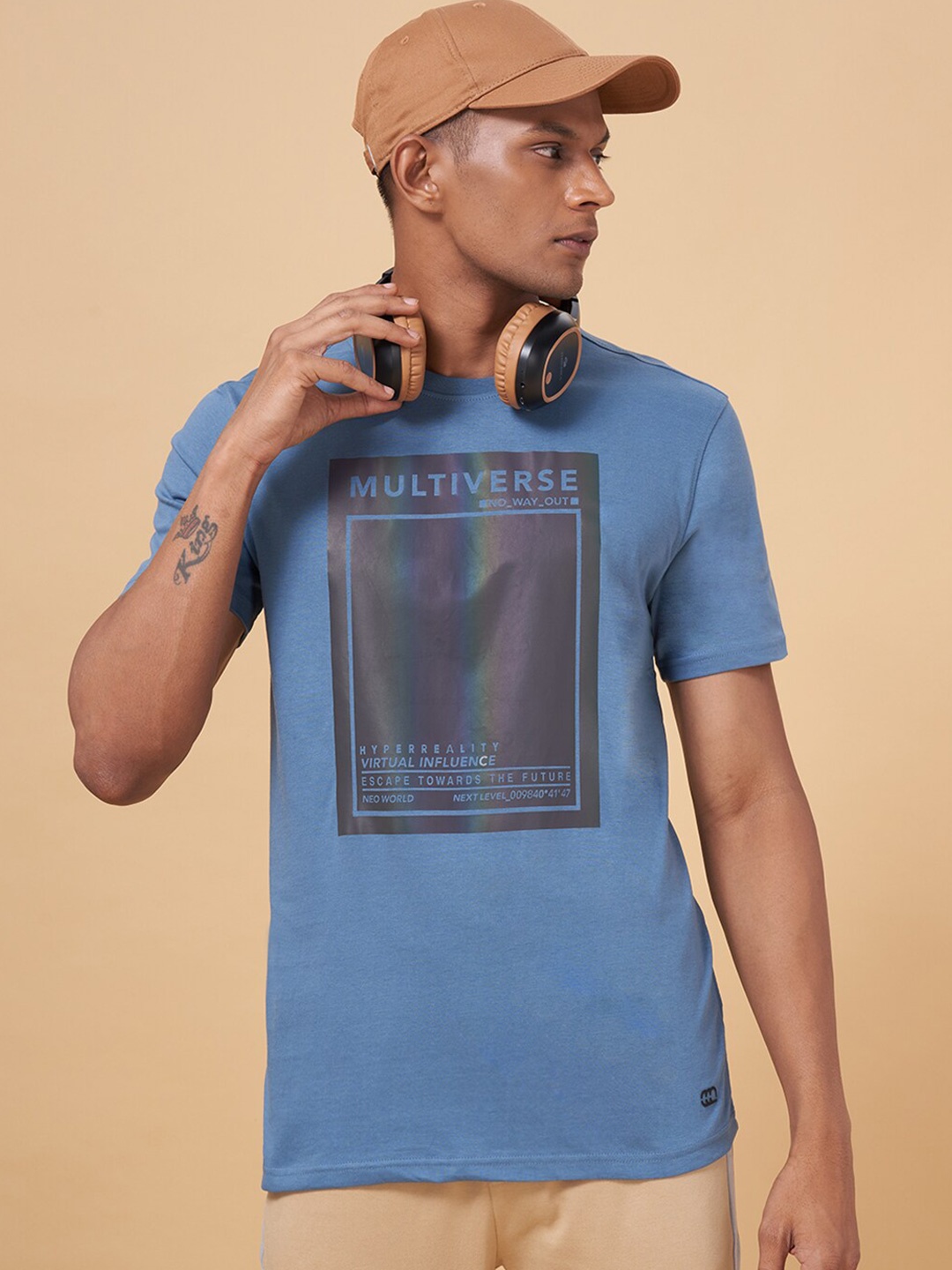 

Ajile by Pantaloons Typography Printed Slim Fit Cotton T-Shirt, Blue