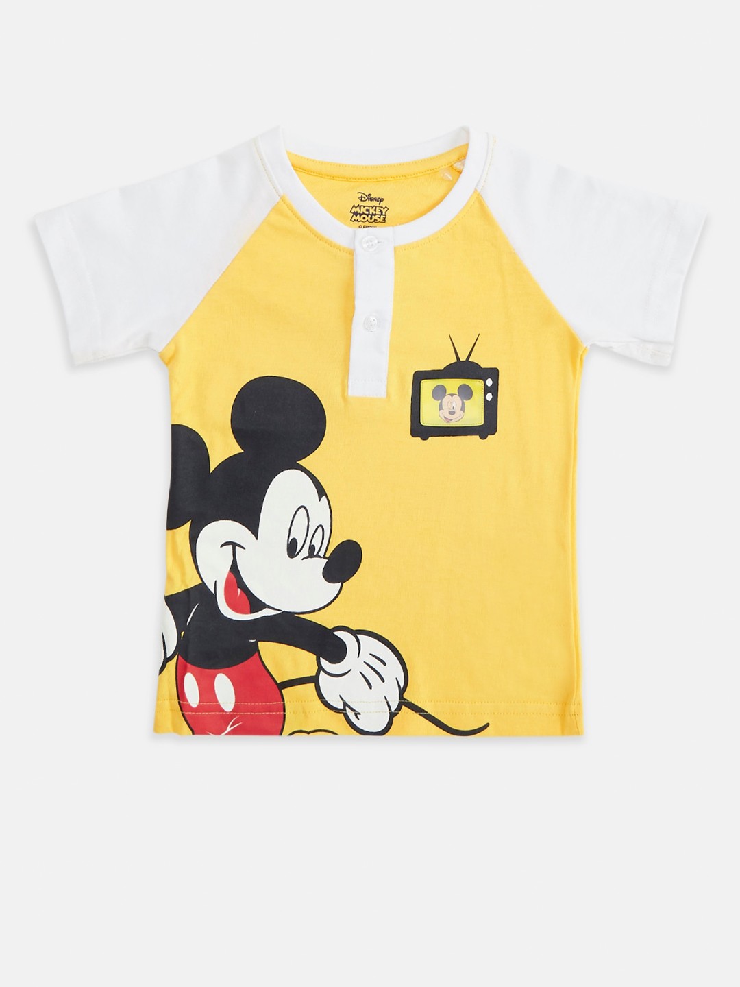 

Pantaloons Baby Infants Boys Mickey Mouse Printed Henley Neck Cotton T-shirt, Yellow