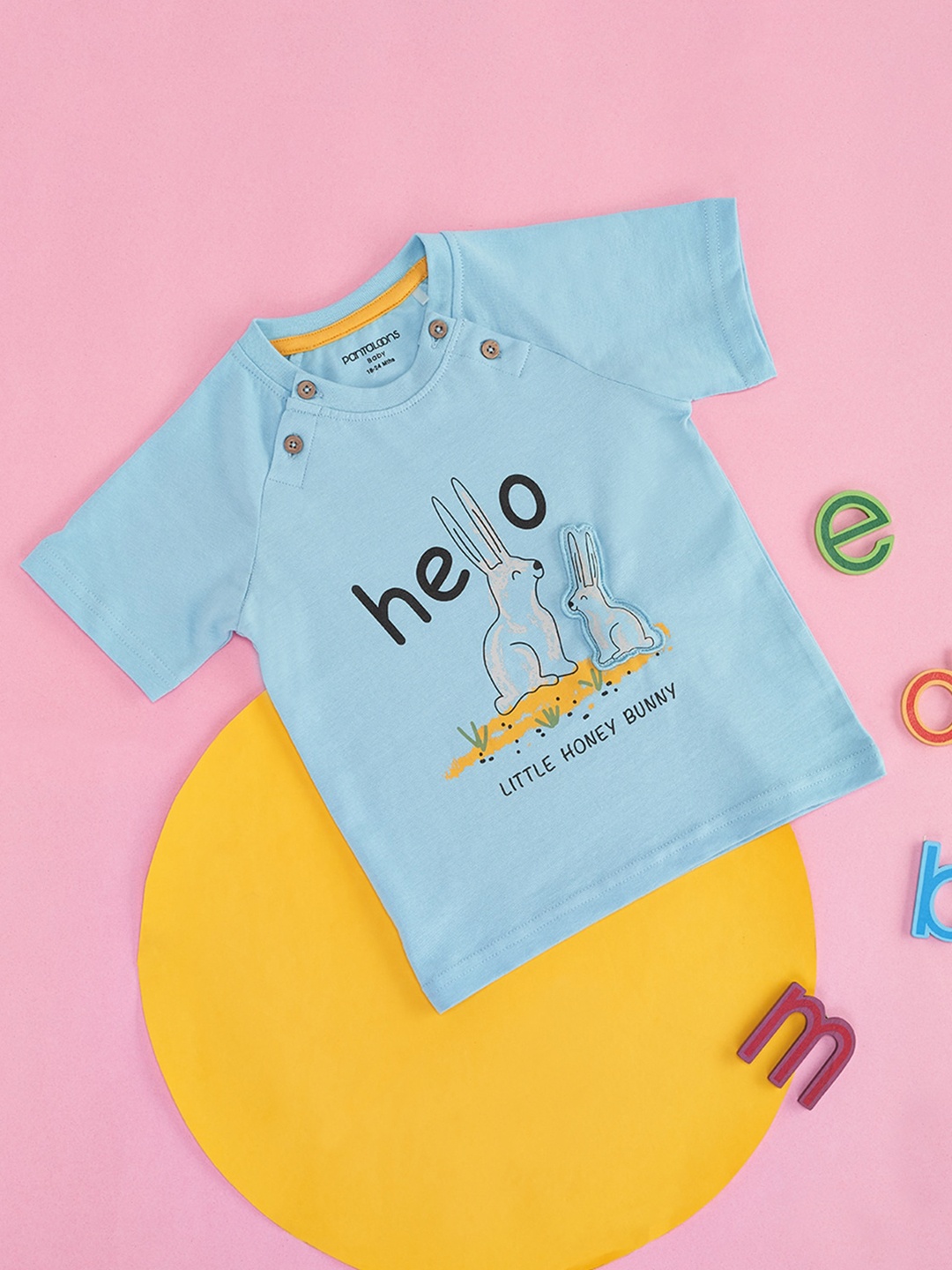 

Pantaloons Baby Boys Typography Printed Raglan Sleeves Cotton T-shirt, Blue