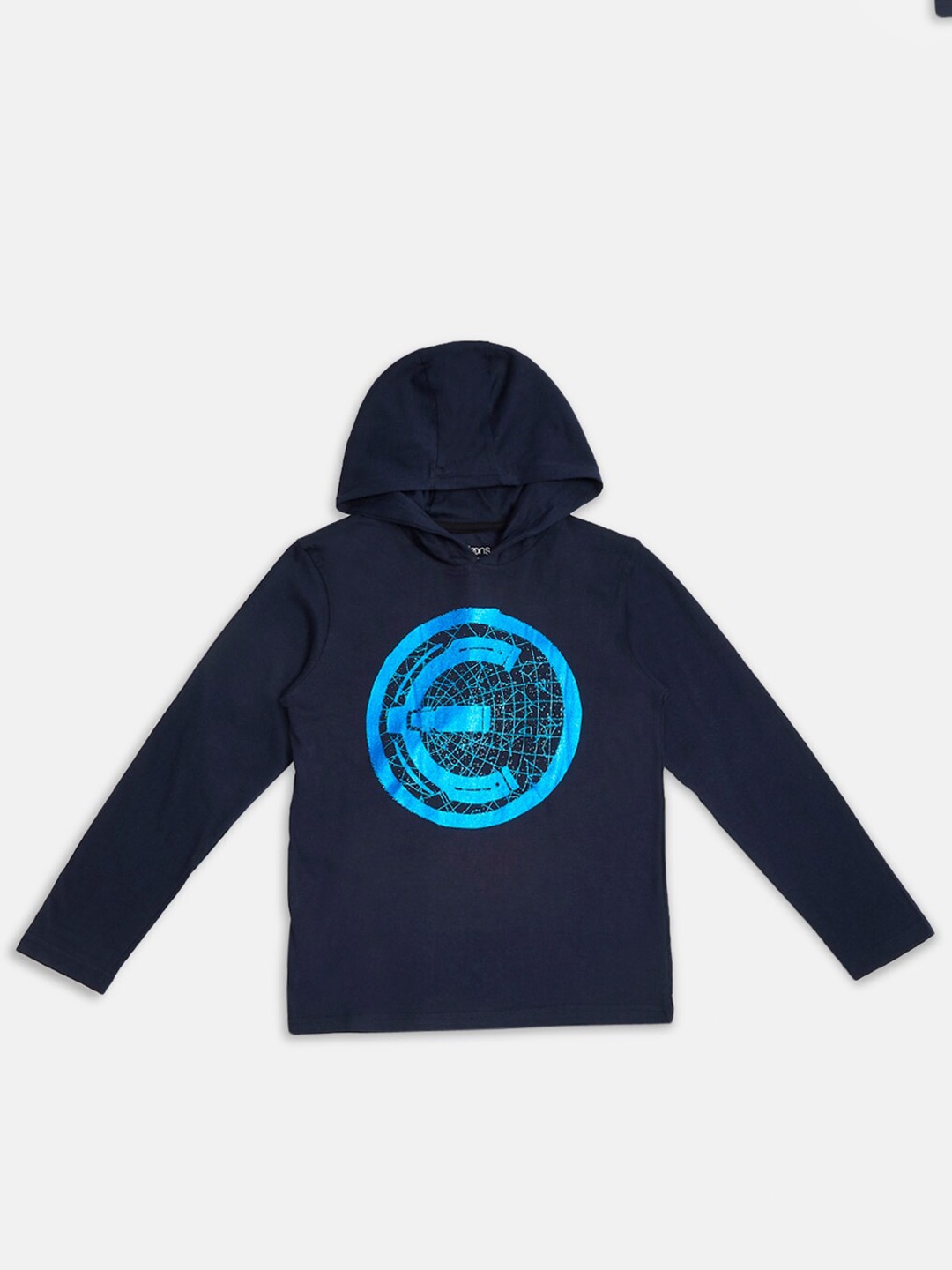 

Pantaloons Junior Boys Graphic Printed Hooded Cotton T-shirt, Navy blue