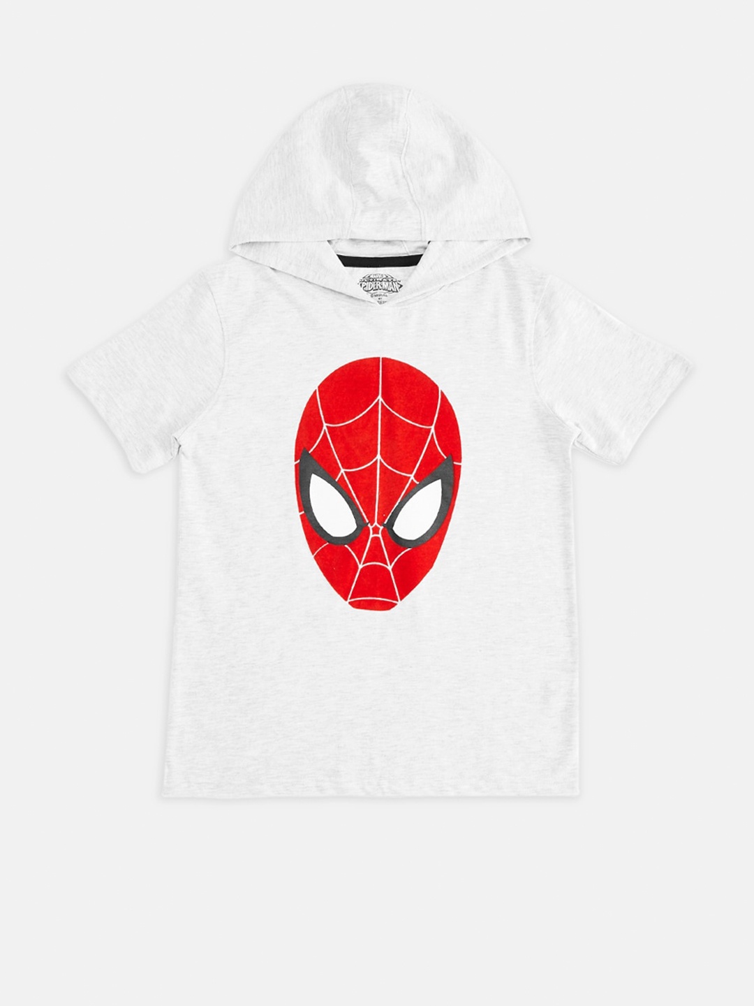 

Pantaloons Junior Boys Graphic Spider Man Printed Hooded Cotton T-Shirt, Grey melange